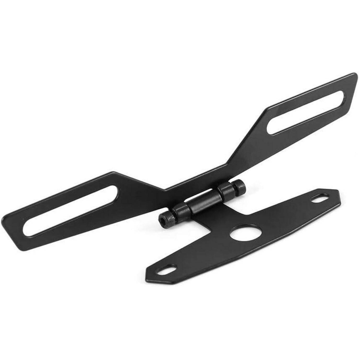 Schwarze Metall-Montageklammer mit verstellbaren Armen und Schlitzlöchern auf weißem Hintergrund.