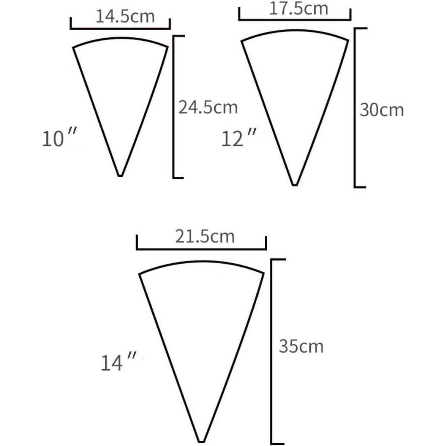 Diagramm von drei konischen Kegelschablonen mit den Bezeichnungen 10, 12 und 14 Zoll, das Breiten von 14,5 cm, 17,5 cm, 21,5 cm und Höhen von 24,5 cm, 30 cm, 35 cm zeigt.