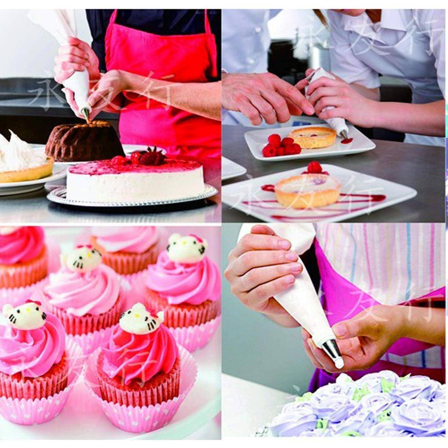 Collage von Bäckern, die Frosting mit einem Spritzbeutel aufspritzen und Kuchen und Cupcakes verzieren.