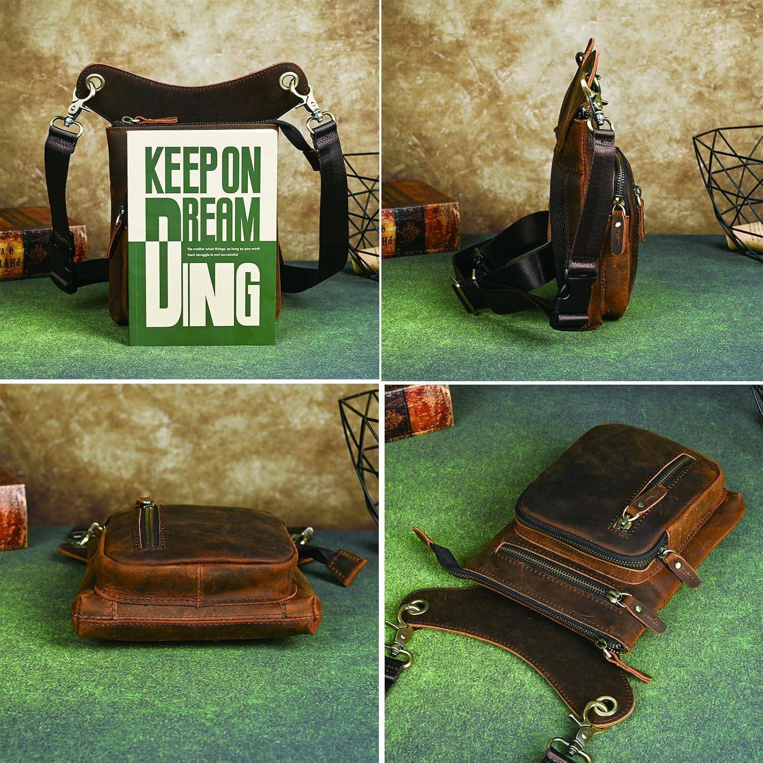 Vier-Ansicht-Produktfoto einer braunen Lederschultertasche mit verstellbarem Riemen und Reißverschlusstaschen, gezeigt von vorne, von der Seite, von hinten und offen mit einem „KEEP ON DREAMING"-Schild im Inneren verstaut.