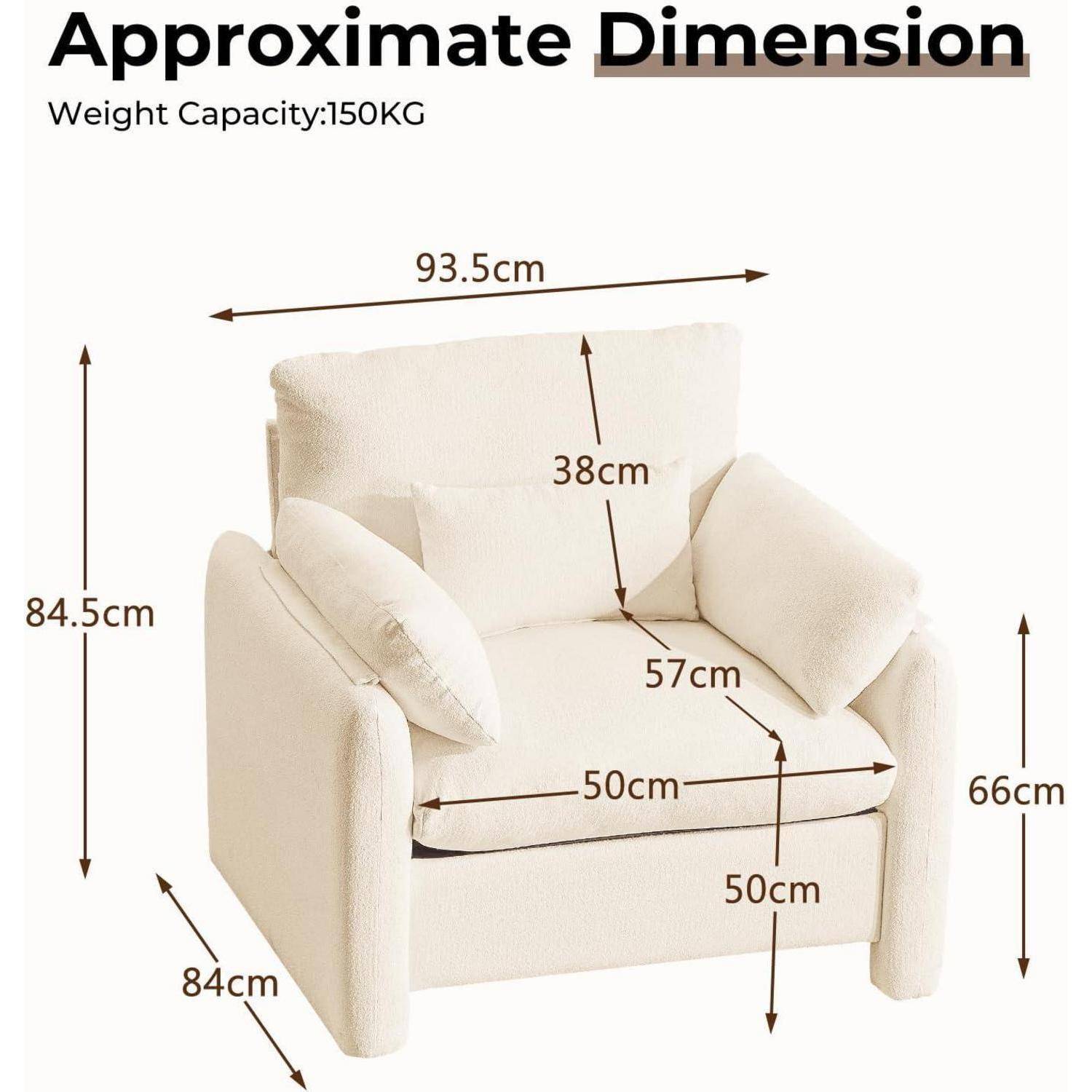 Diagramm eines beigefarbenen Sessels mit ungefähren Abmessungen und Tragfähigkeit von 150 kg, beschriftet mit 93,5 cm Breite, 84,5 cm Höhe, 84 cm Tiefe, 66 cm Sitzhöhe, 50 cm Sitzbreite und 38 cm Rücklehnenhöhe.