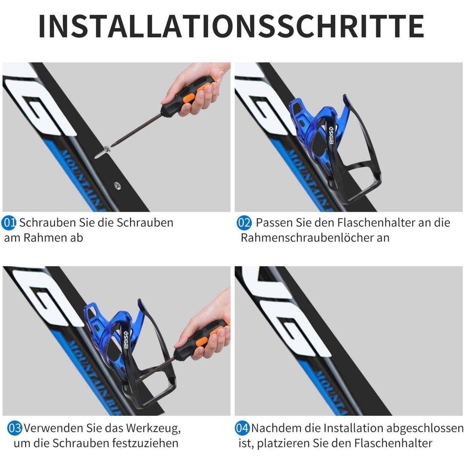 Entfernen Sie die Rahmenschrauben, richten Sie die Halterung an den Montagelöchern aus, ziehen Sie sie mit einem Werkzeug fest, und installieren Sie dann den Flaschenhalter.