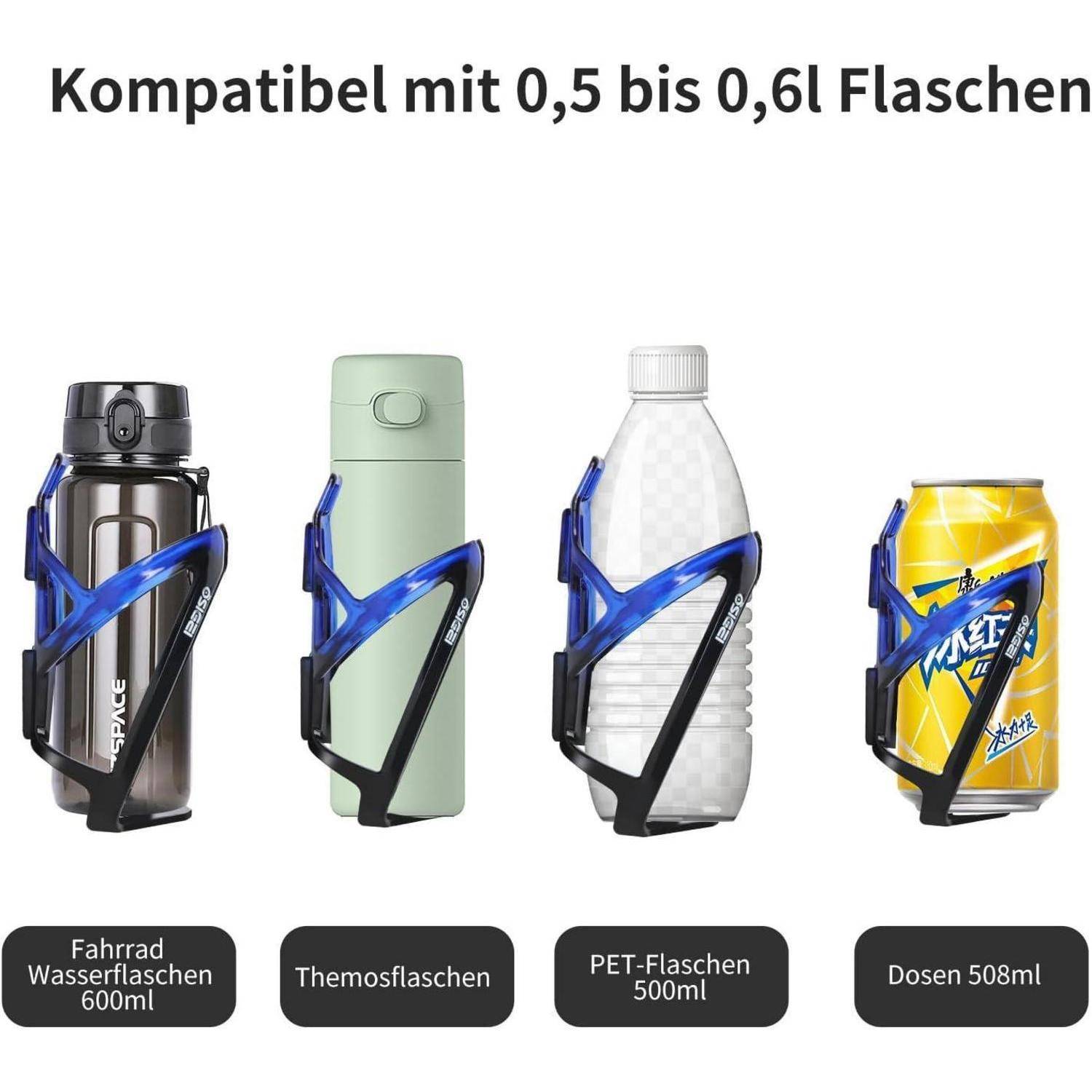 Getränkehalter für Flaschen und Dosen, kompatibel mit 0,5 bis 0,6 L Behältern gezeigt: Fahrrad-Trinkflasche 600 ml, Thermoflasche, PET-Flasche 500 ml und 508 ml Dose.