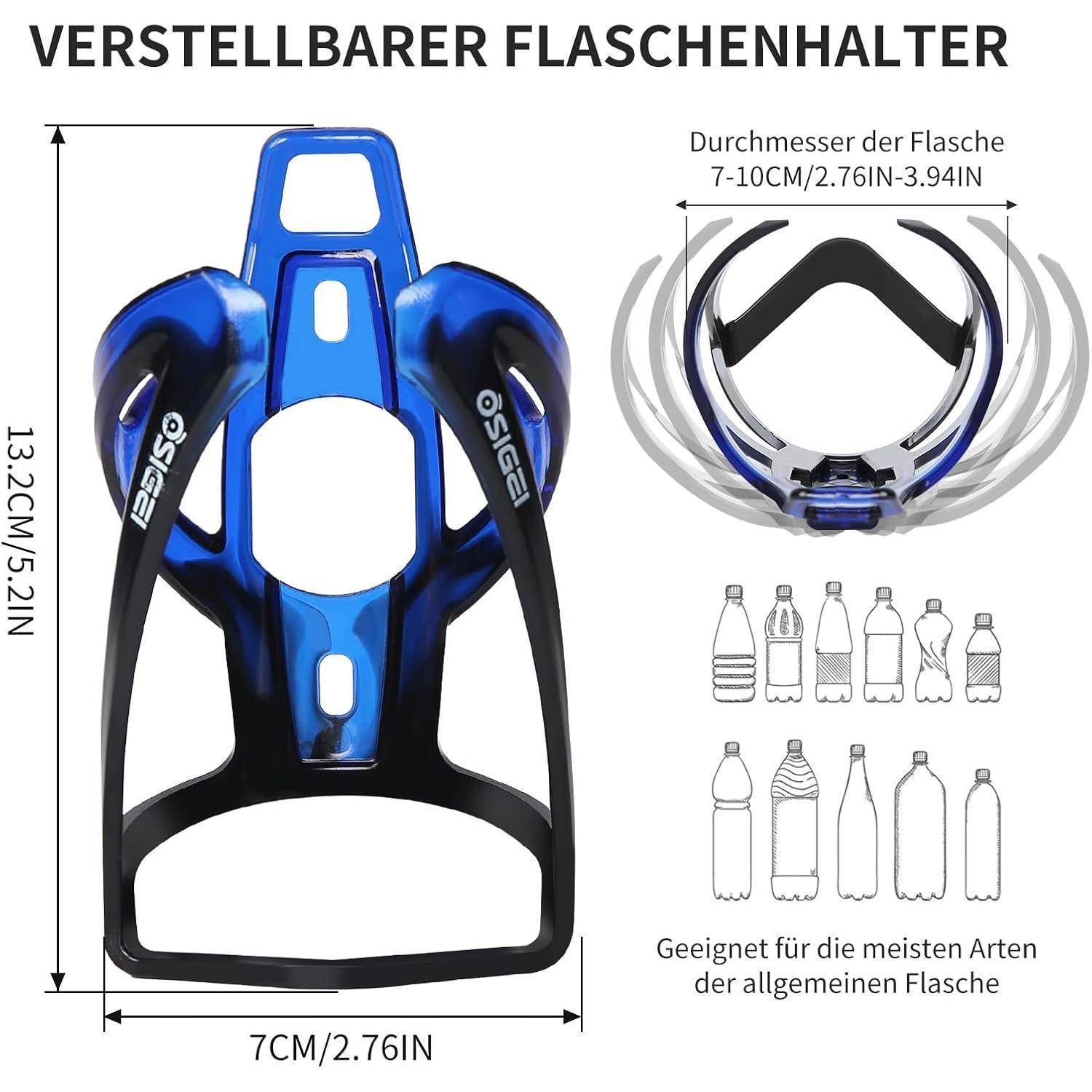 Produktbild eines verstellbaren Fahrrad-Flaschenhalters in Blau und Schwarz, mit einer Höhe von 13,2 cm, einer Breite von 7 cm, passt für Flaschenurchmesser von 7-10 cm und die meisten Flaschentypen.