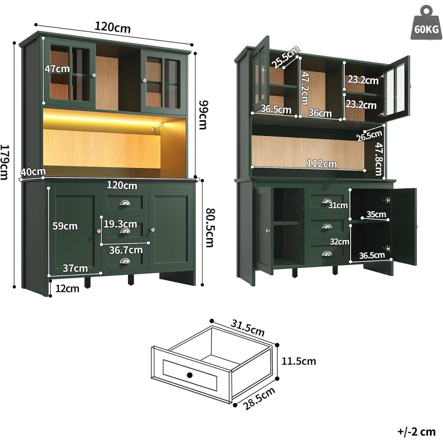 Grüner Schrank mit Aufsatz, von vorne und in offenen Ansichten gezeigt, mit Maßbezeichnungen: 120 cm Breite, 179 cm Höhe, plus Schubladenkasten 31,5 x 28,5 x 11,5 cm.