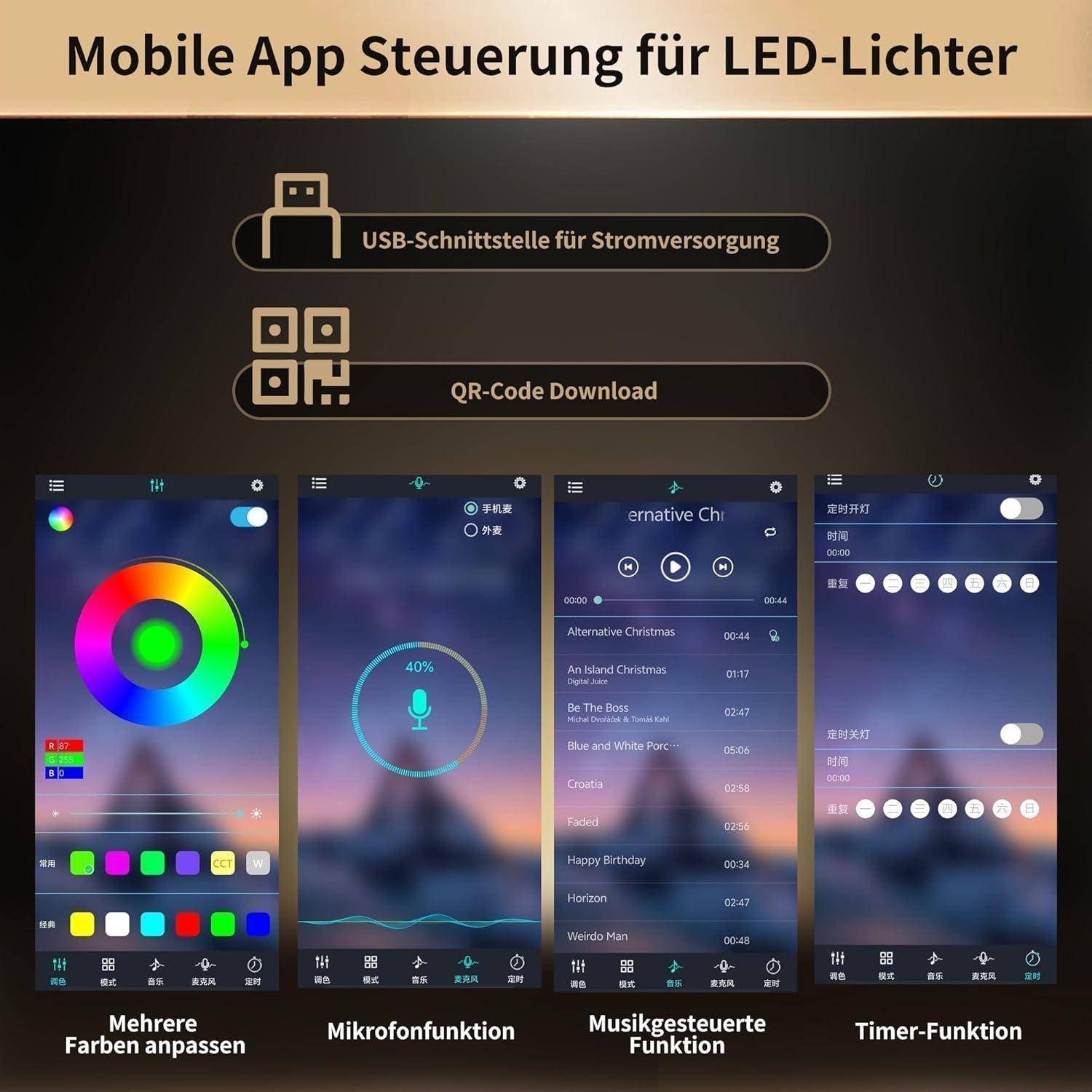 Infografik einer mobilen App zur Steuerung von LED-Leuchten, die USB-Stromversorgung und QR-Code-Download zeigt, sowie App-Bildschirme für Farbkontrolle, Mikrofon-Modus, Musiksynchronisierung und Timer-Funktion.