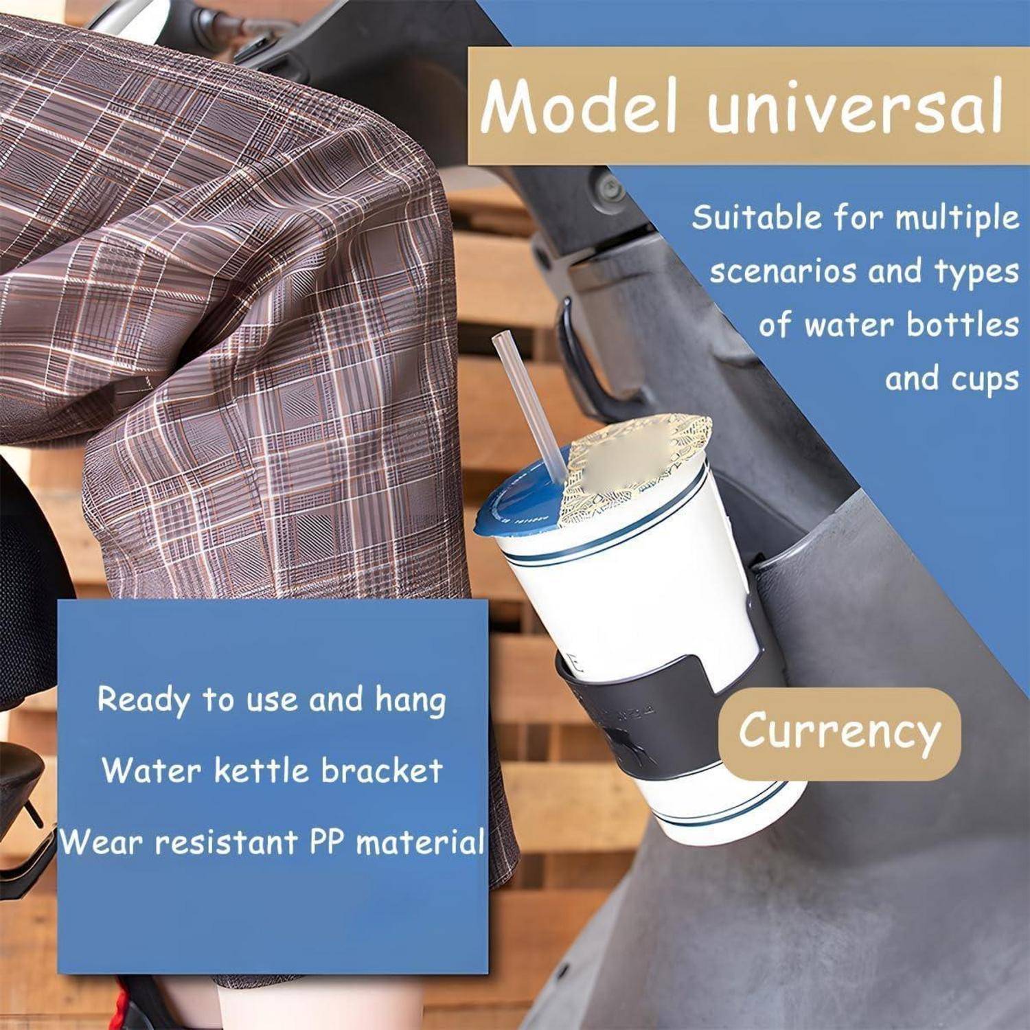 Universelle Getränkehalterung an der Armlehne eines Kinderwagens befestigt, die eine Wasserflasche hält; der Text hebt hervor, dass sie einsatzbereit ist, verschleißfest und für Flaschen und Becher geeignet ist.