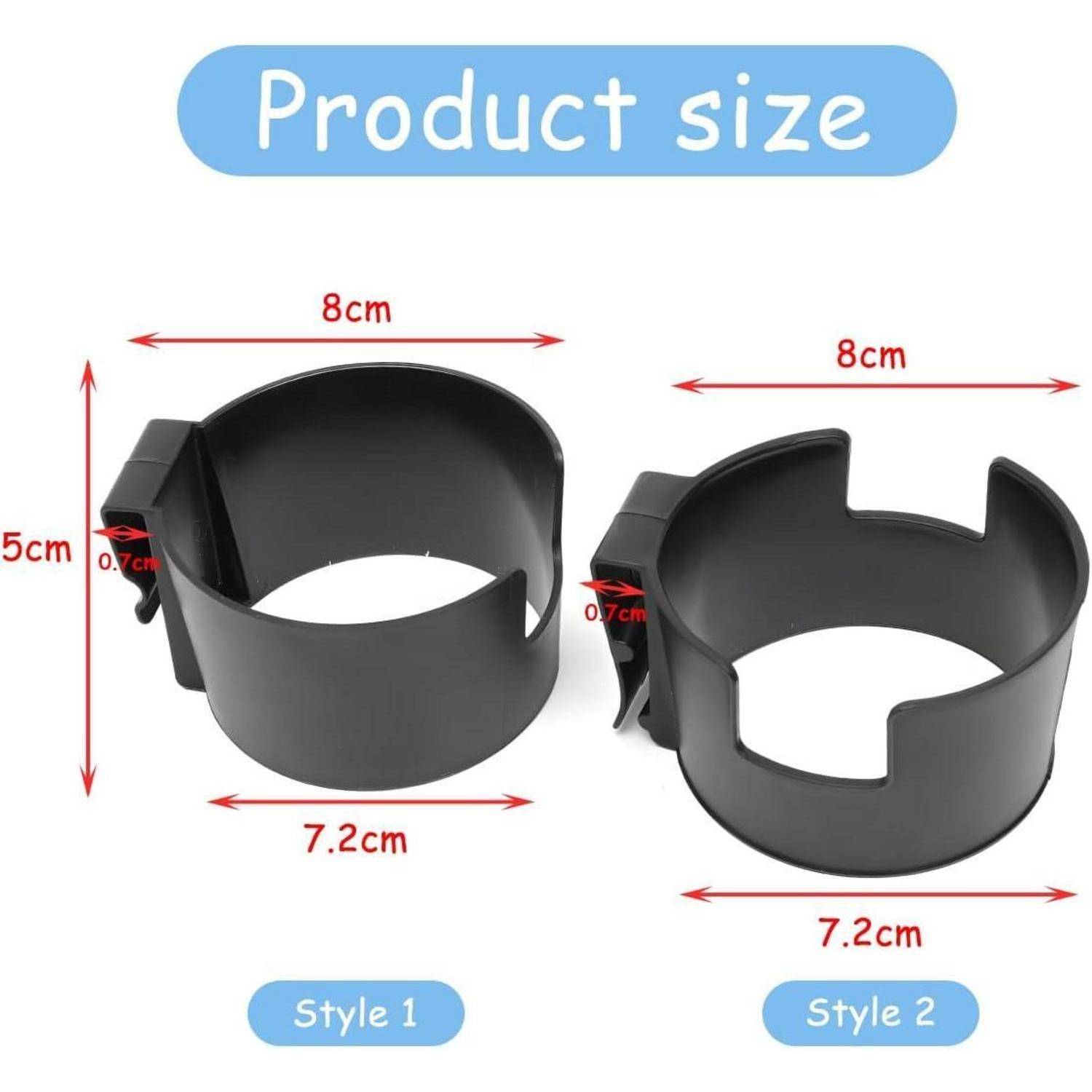 Größentabelle für Produkte zeigt zwei schwarze Clip-Kunststoffhalter, Stil 1 und Stil 2, beide 8 cm breit und 7,2 cm in der Basis; Stil 1 ist 5 cm hoch.