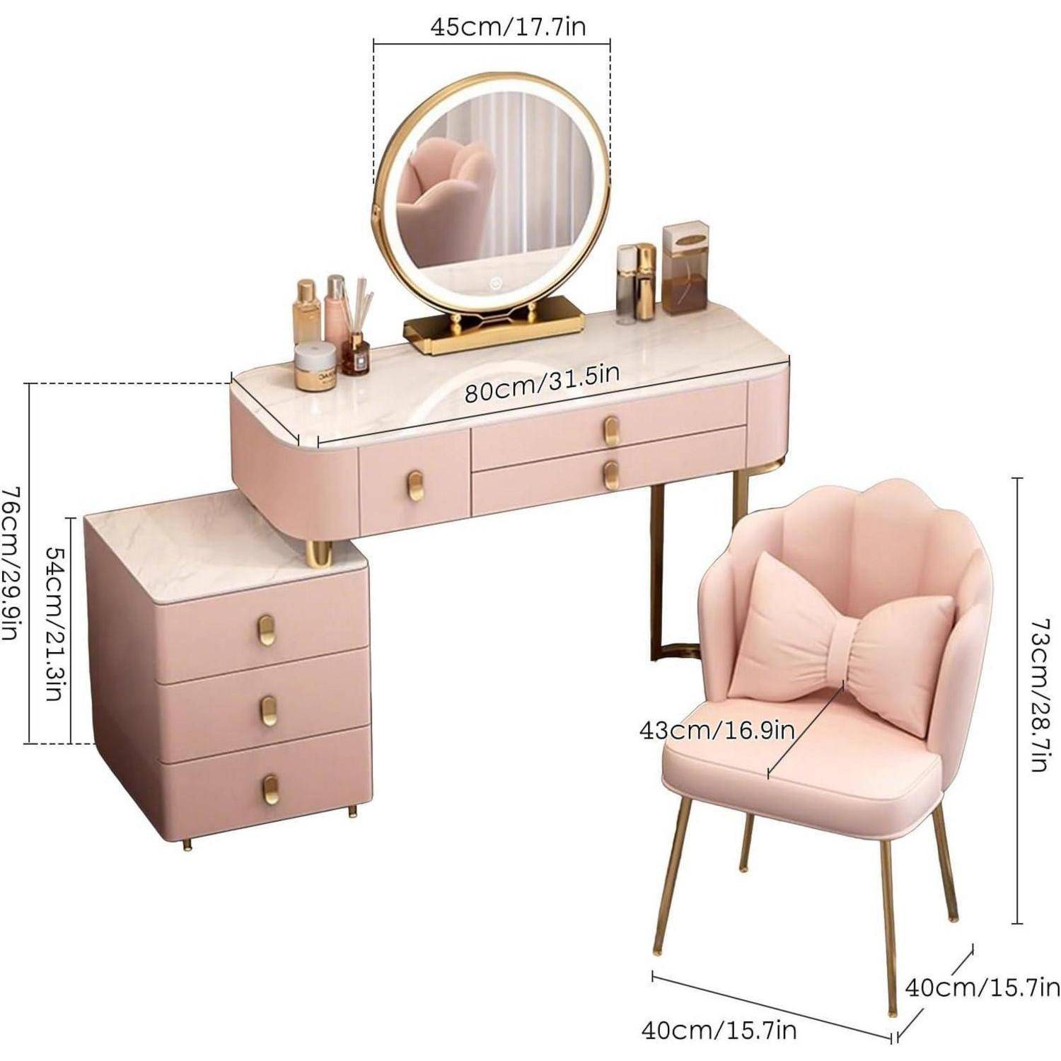 Rosa Frisiertisch-Set mit rundem Spiegel und gepolstertem Stuhl, mit angegebenen Abmessungen: Schreibtisch 80 cm breit, Stuhl 73 cm hoch, Seitenschrank 76 cm hoch.
