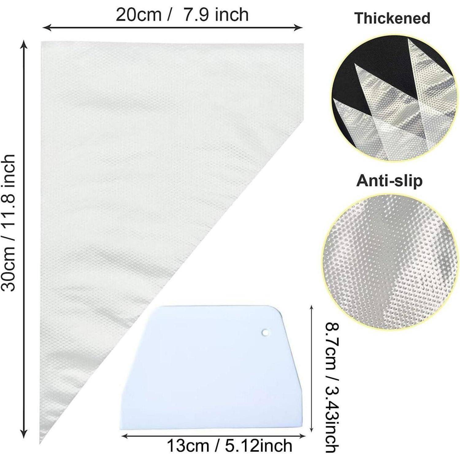 Diagramm einer dreieckigen rutschfesten Matte mit Abmessungen von 30 cm × 20 cm, verdicktem Material und einem Zubehörteil von 13 cm × 8,7 cm.