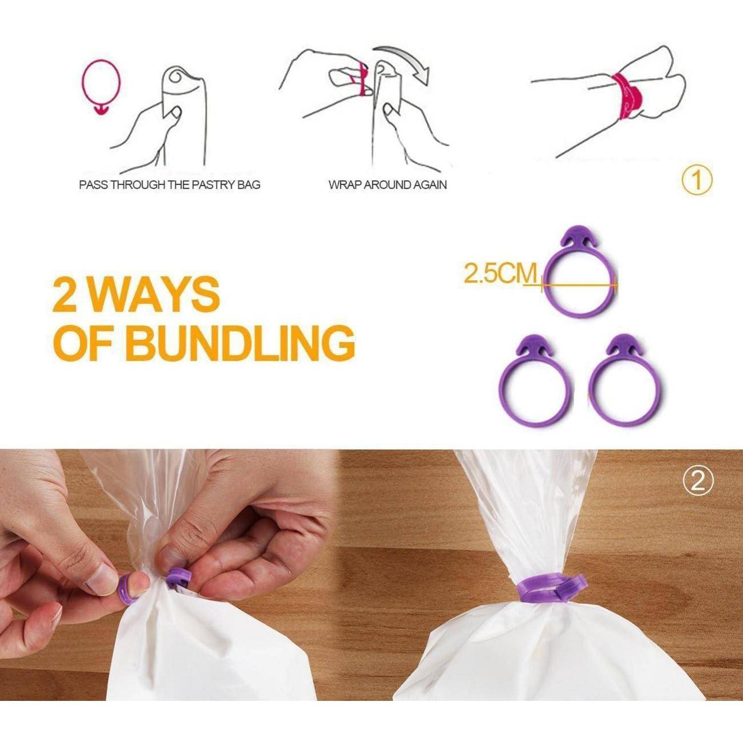 Anleitung mit grafischer Darstellung von 2 Methoden zum Verschließen einer Spritzbeutel mit einem violetten Ringverschluss, einschließlich eines Ringdurchmessers von 2,5 cm und einer praktischen Anwendung zum Sichern eines Beutels.