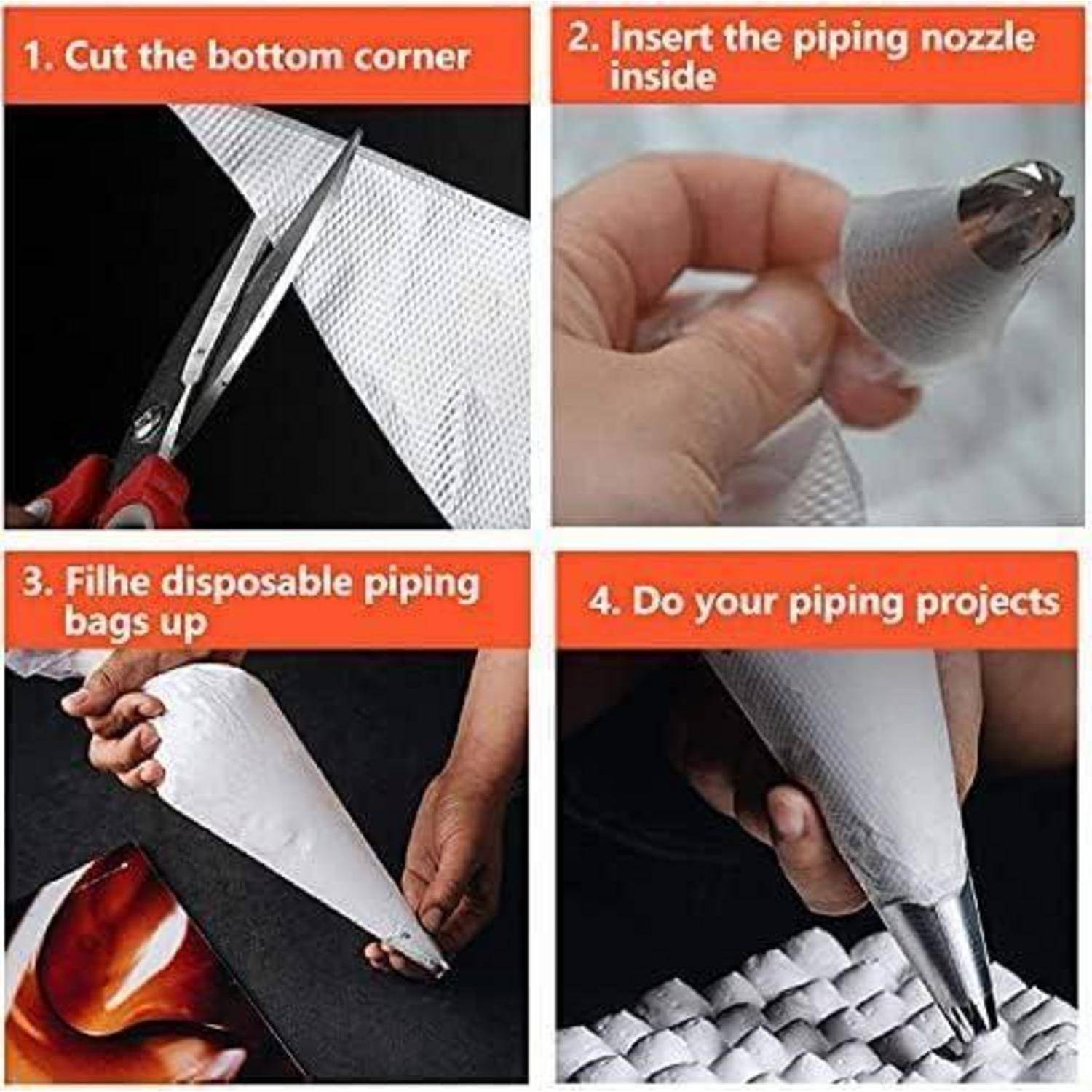Vierschrittiges Tutorial zum Vorbereiten eines Spritzbeutels: Ecke abschneiden, Düse einführen, Beutel füllen und Glasur auf einen Kuchen spritzen.