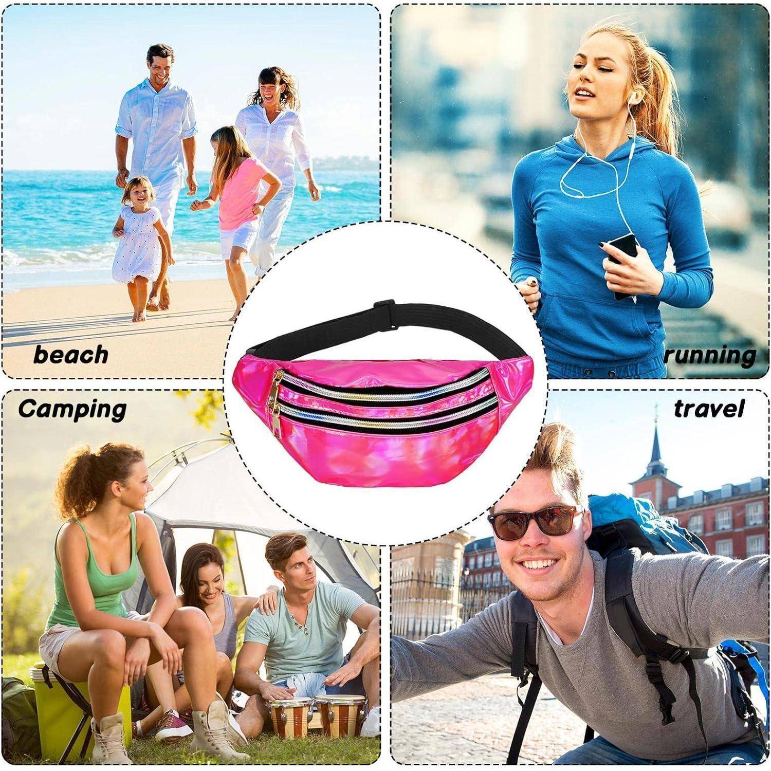 Rosa Bauchtasche in der Mitte als Reisezubehör dargestellt, umgeben von Fotos von Personen, die sie am Strand, beim Joggen, beim Camping und bei Besichtigungen nutzen.