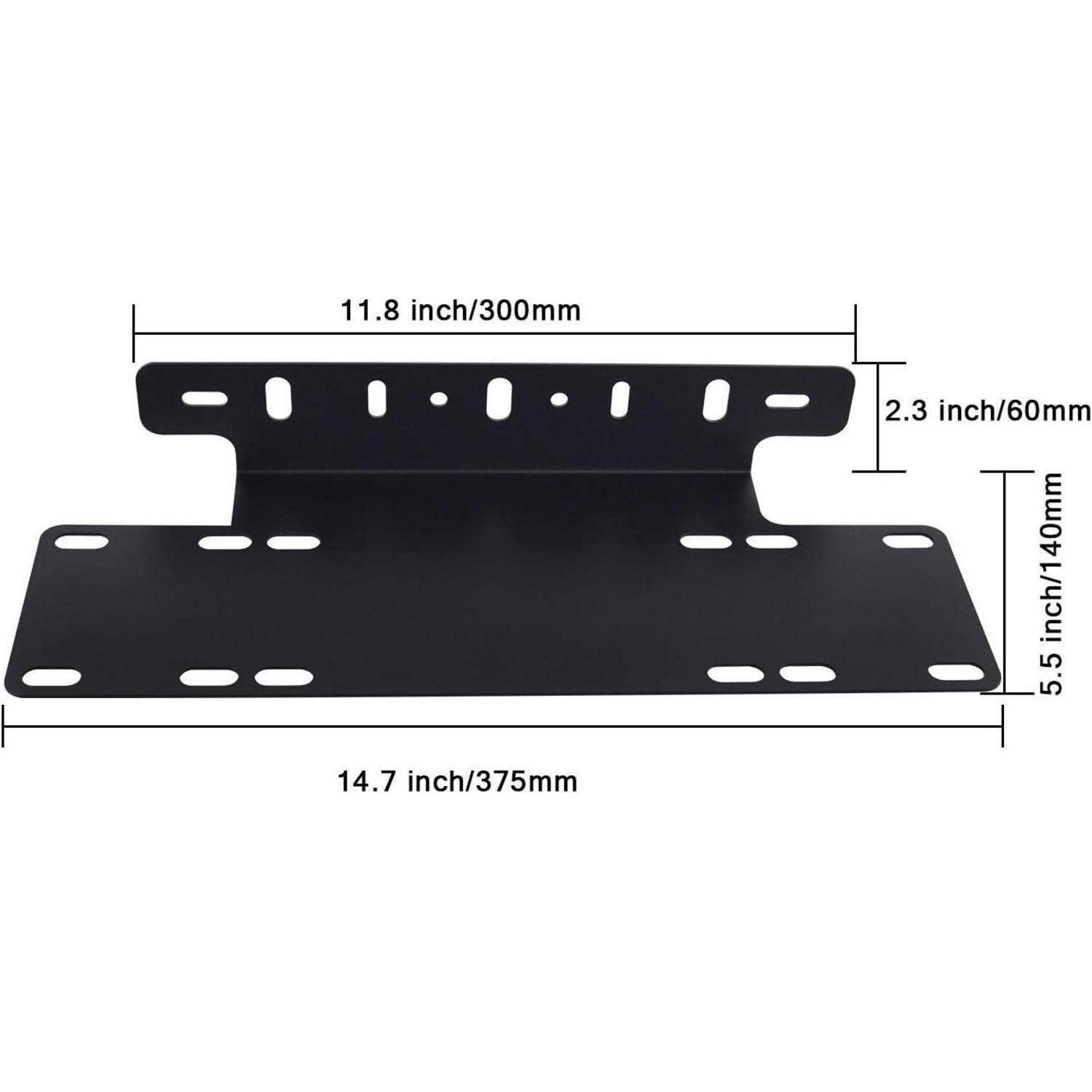 Schwarze Metallmontageklammer mit beschrifteten Abmessungen: 14,7 x 5,5 Zoll Basis, 11,8 Zoll oben und 2,3 Zoll oberer Abschnitt.