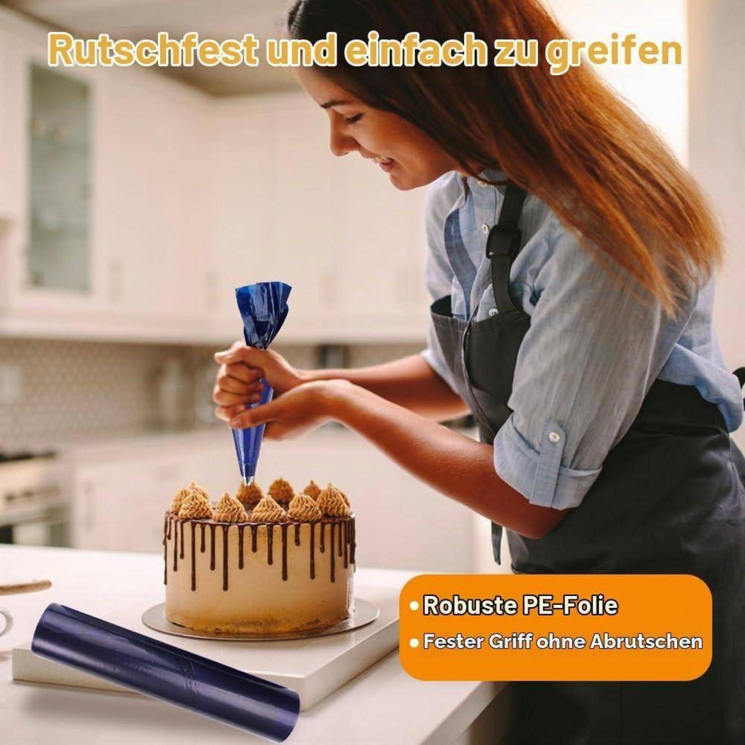 Frau, die einen Kuchen mit einem Spritzbeutel verziert; deutscher Text besagt „rutschfest und einfach zu greifen