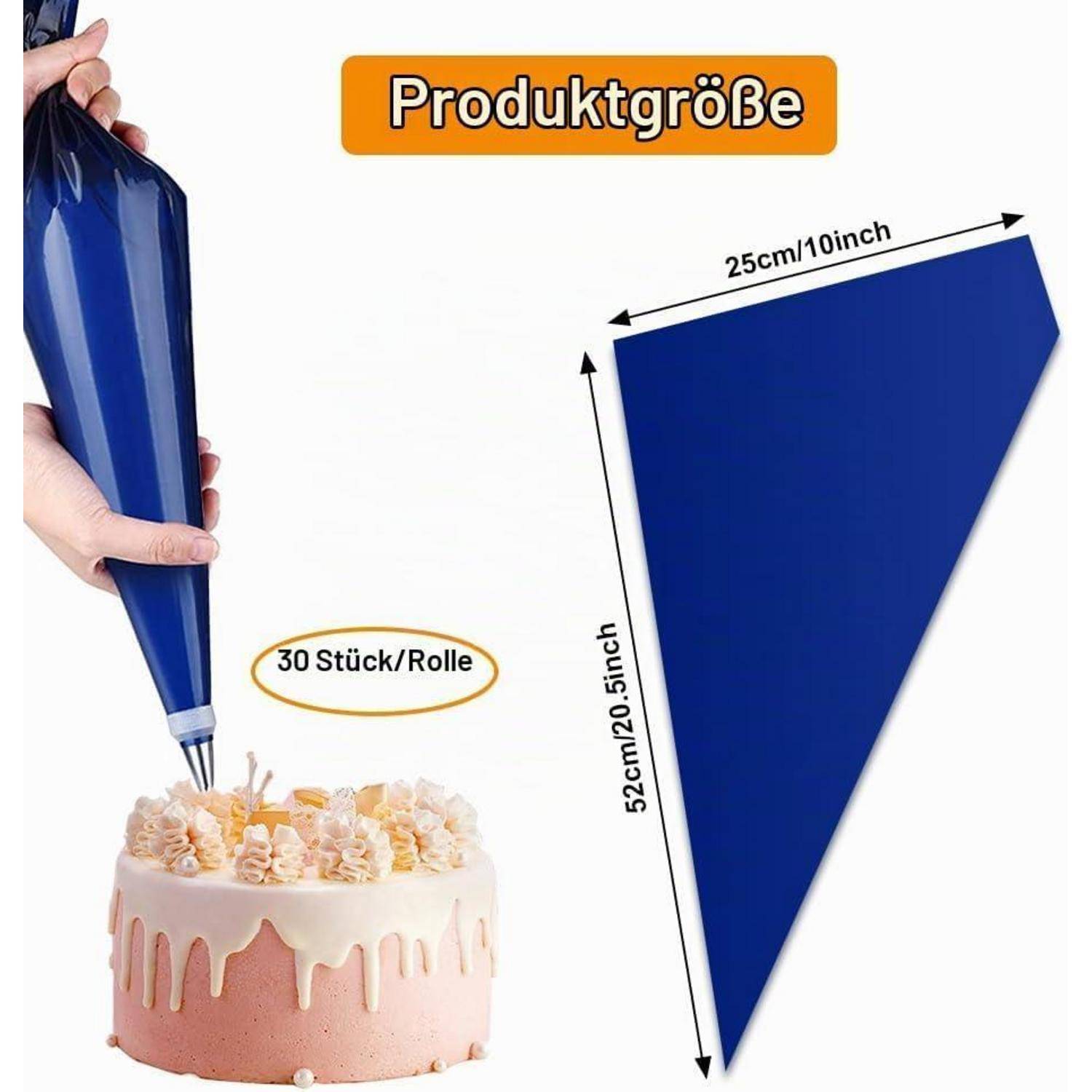 Produktgrößen-Diagramm für einen Spritzbeutel: 25 cm × 52 cm, beschriftet mit „30 Stück/Rolle