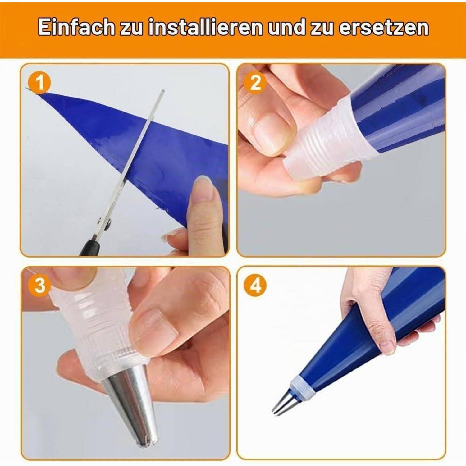 Anleitungsgrafik zum Installieren und Austausch einer Spritztülle: Schneiden Sie das Ende des Beutels ab, schrauben Sie die Kunststoffkupplung auf, befestigen Sie eine Metalldekorationstülle und verwenden Sie diese zum Spritzen.