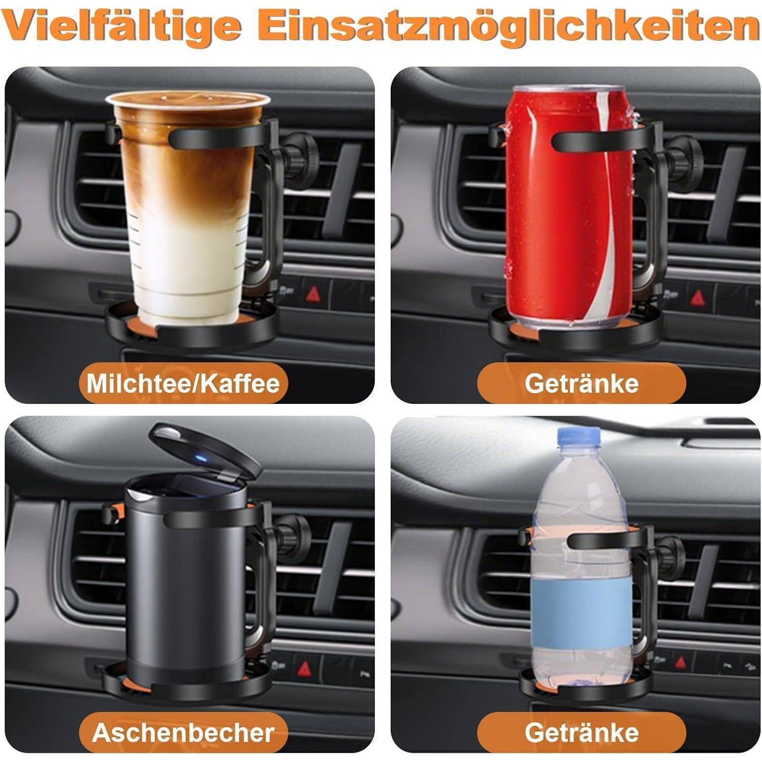 Infografik, die einen Getränkehalter für Auto-Lüftungsgitter zeigt, der für Milchkaffee, Limonade, einen Aschenbecher und eine Wasserflasche verwendet wird.