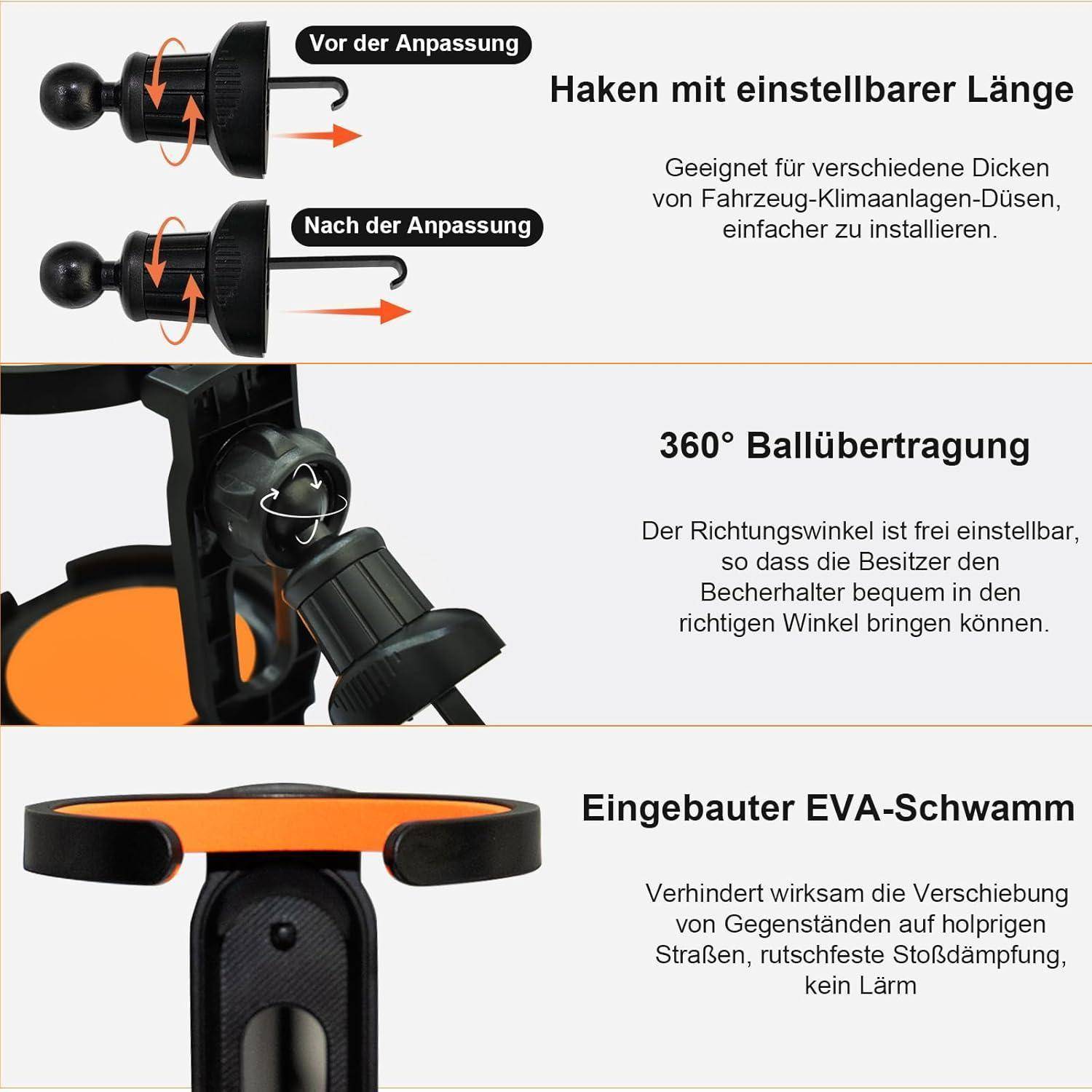 Deutsches Produktgrafik zeigt drei verstellbare Getränkehalter-Funktionen für Autos: verstellbarer Haken mit Längsfunktion, 360°-Kugelgelenk und integrierter EVA-Schaum zur rutschfesten Geräuschdämmung.