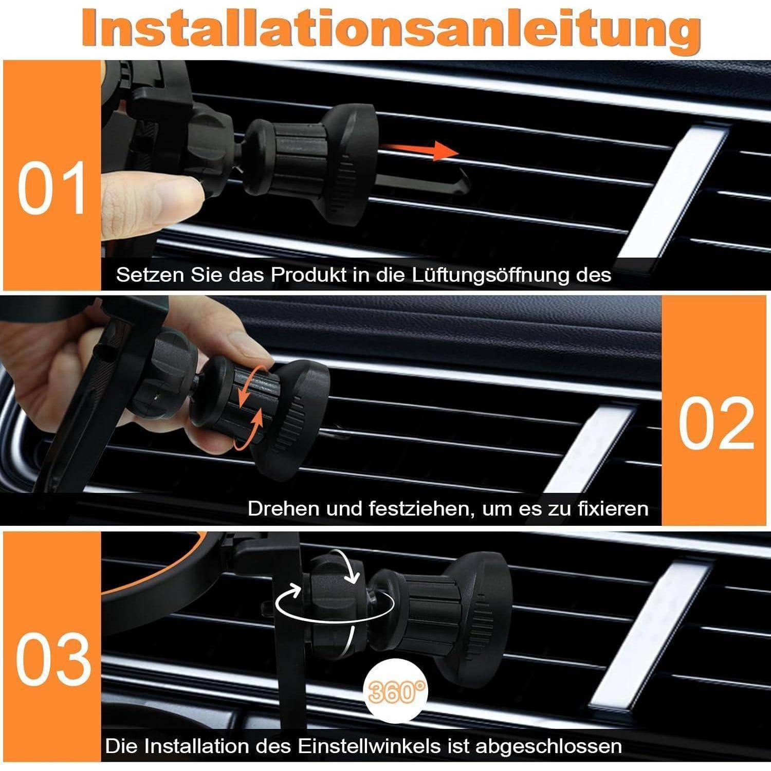Dreischrittiger deutscher Installationsleitfaden für eine Autoentlüftungshalterung: Produkt in die Entlüftung einführen, zur Sicherung anziehen, dann Winkel um 360 Grad einstellen.