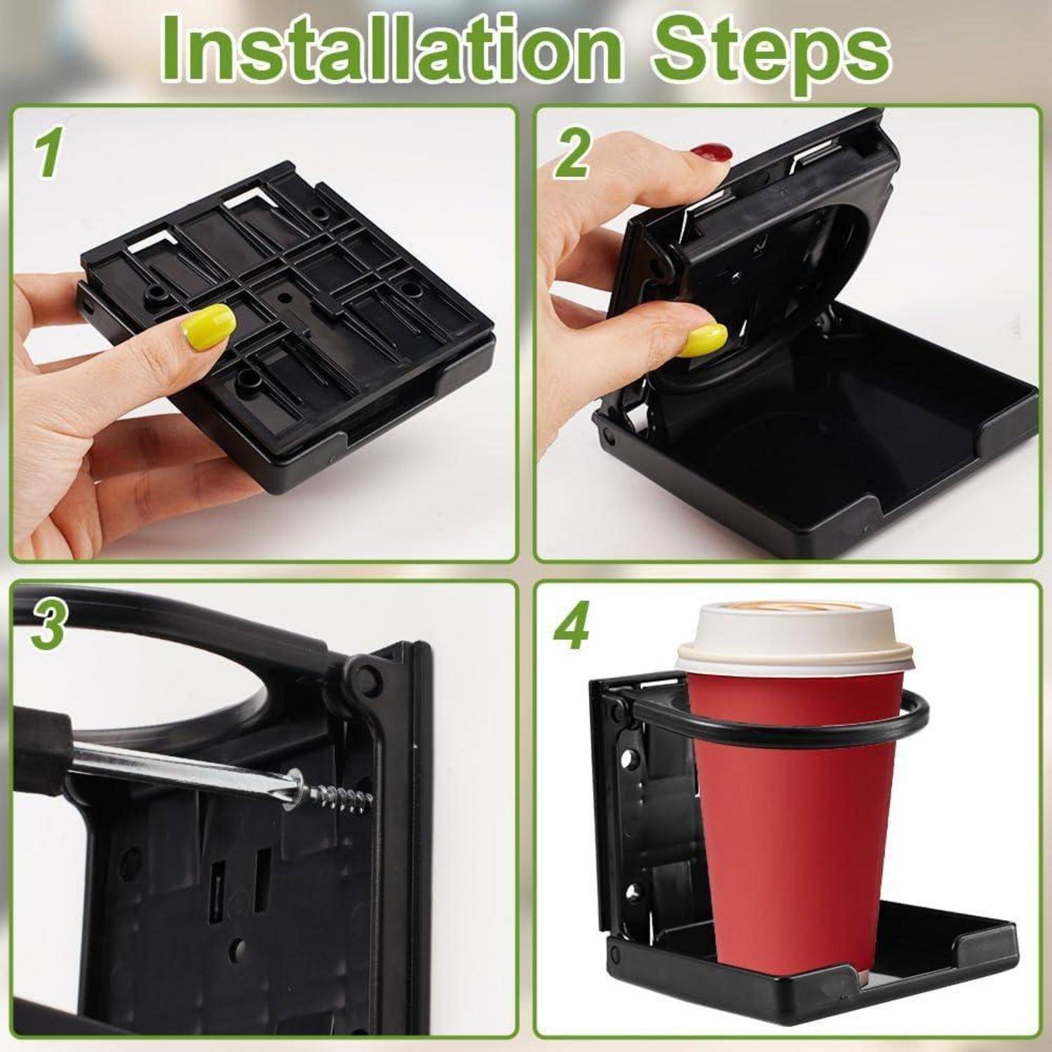 Installationsschritte-Diagramm für einen schwarzen wandmontierten Becherhalter: Öffnen Sie die Schachtel, befestigen Sie ihn mit Schrauben, dann stellen Sie eine Tasse hinein.