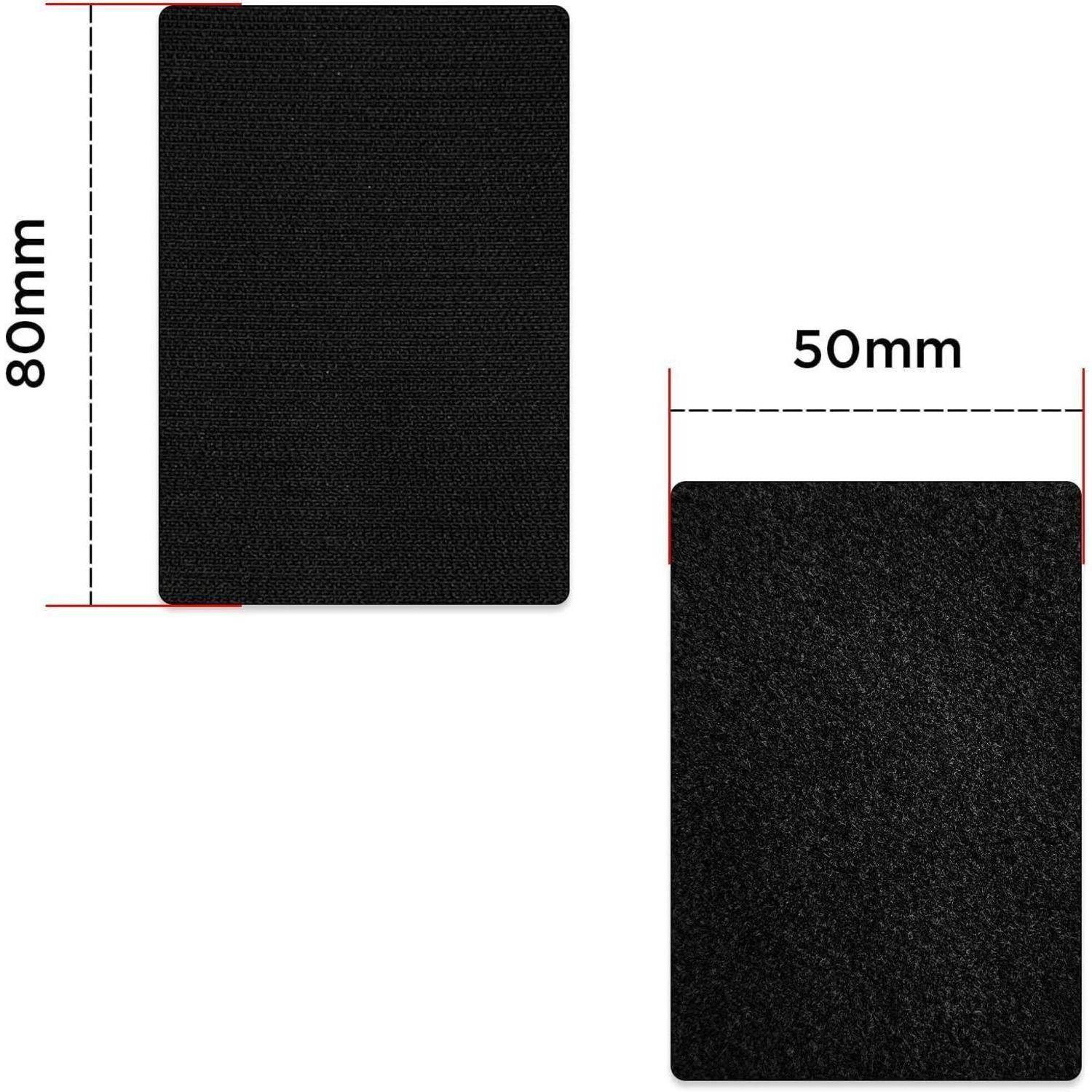 Zwei schwarze rechteckige Pads werden mit Größenbezeichnungen gezeigt: eines ist 80 mm hoch und das andere 50 mm breit.