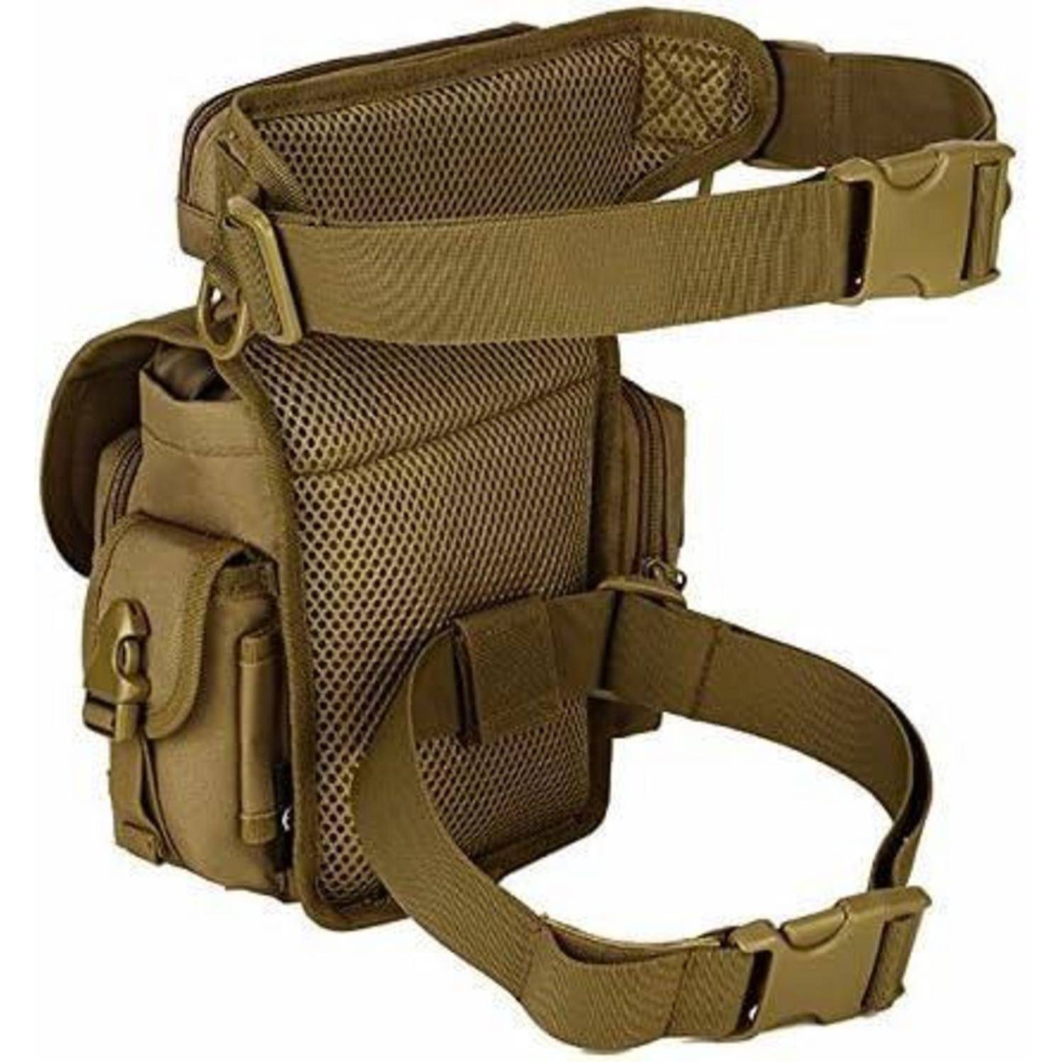 Tan-farbener taktischer Oberschenkelholster mit verstellbaren Hüft- und Oberschenkelriemen, Seitentaschen und Mesh-Frontplatte auf weißem Hintergrund.