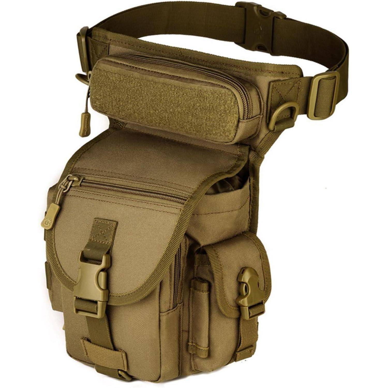 Tan farbige taktische Bein-Utilitytasche mit verstellbarem Hüftgurt und mehreren Reißverschlusstaschen.