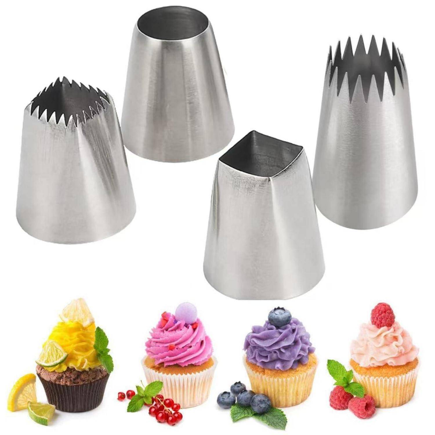 Vier Metall-Spritzbeutel-Aufsätze, oben dargestellt, dekorieren Cupcakes und zeigen verschiedene Zuckerguss-Muster und Kuchendekoriertechniken.