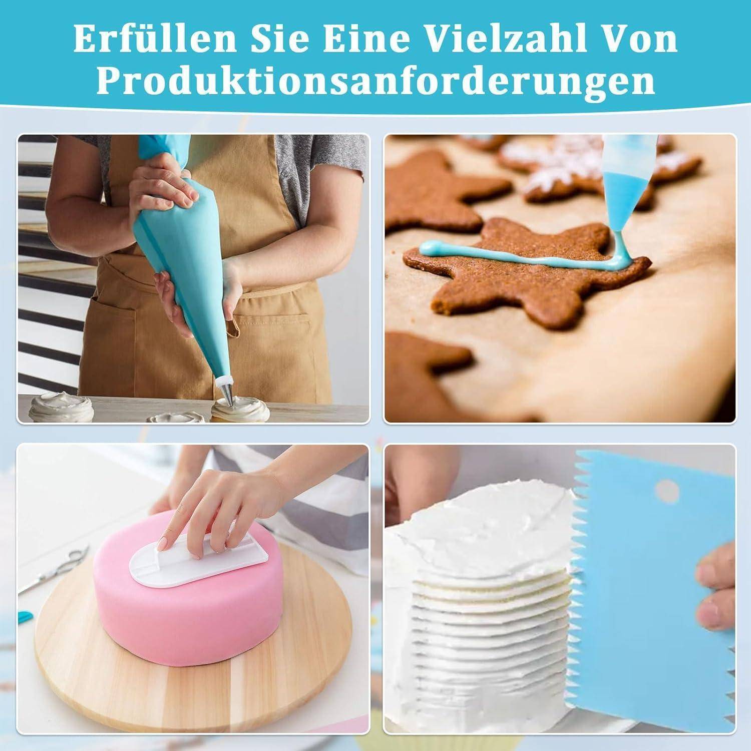 Collage aus Kuchendekorieren und Spritzen mit Glasur, zeigend eine Spritzbeutel, Verzieren eines Kekses mit Frosting, Glätten eines Kuchens und Verwendung eines Kammerabstreichers.