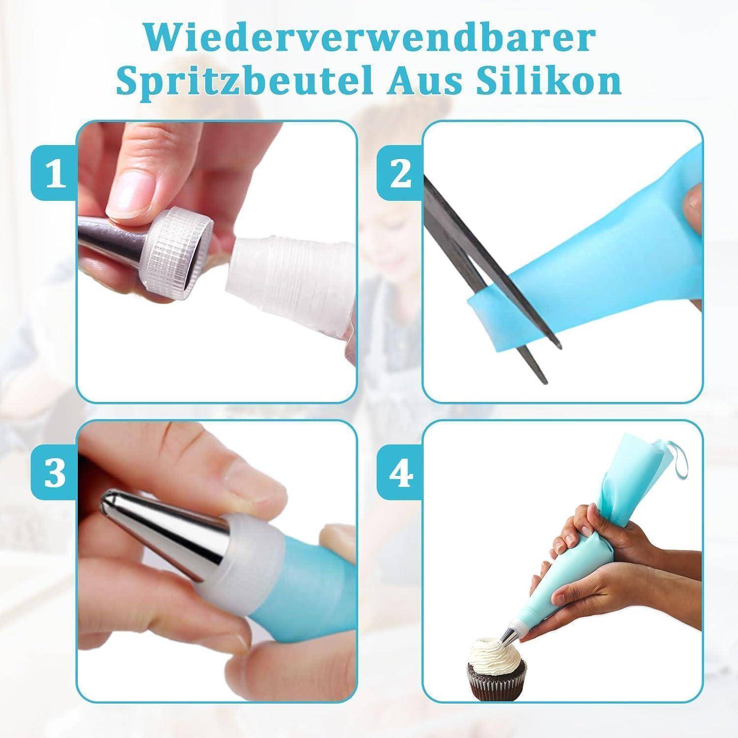 Anleitung mit Grafik mit dem Titel „Wiederverwendbarer Spritzbeutel Aus Silikon