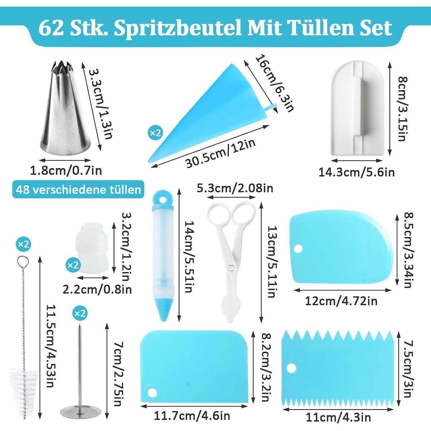 Satz von 62 Spritzbeuteln und Dekorationswerkzeugen mit mehreren Düsen, Kupplungen, Spachtel, Bürste, Clips und Größenmessungen in cm und Zoll gekennzeichnet.