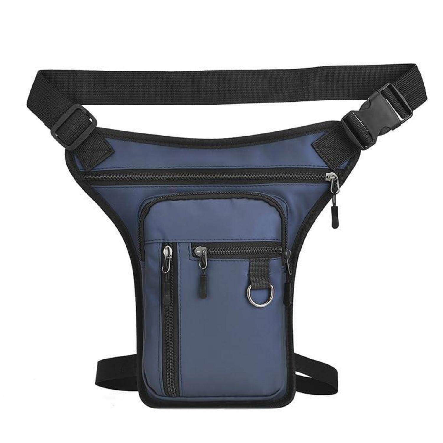 Blau-schwarze Hüfttasche mit verstellbarem Gürtel, Reißverschluss-Hauptfach, Vordertasche und baumelnden Reißverschluss-Zugschleifen auf weißem Hintergrund.
