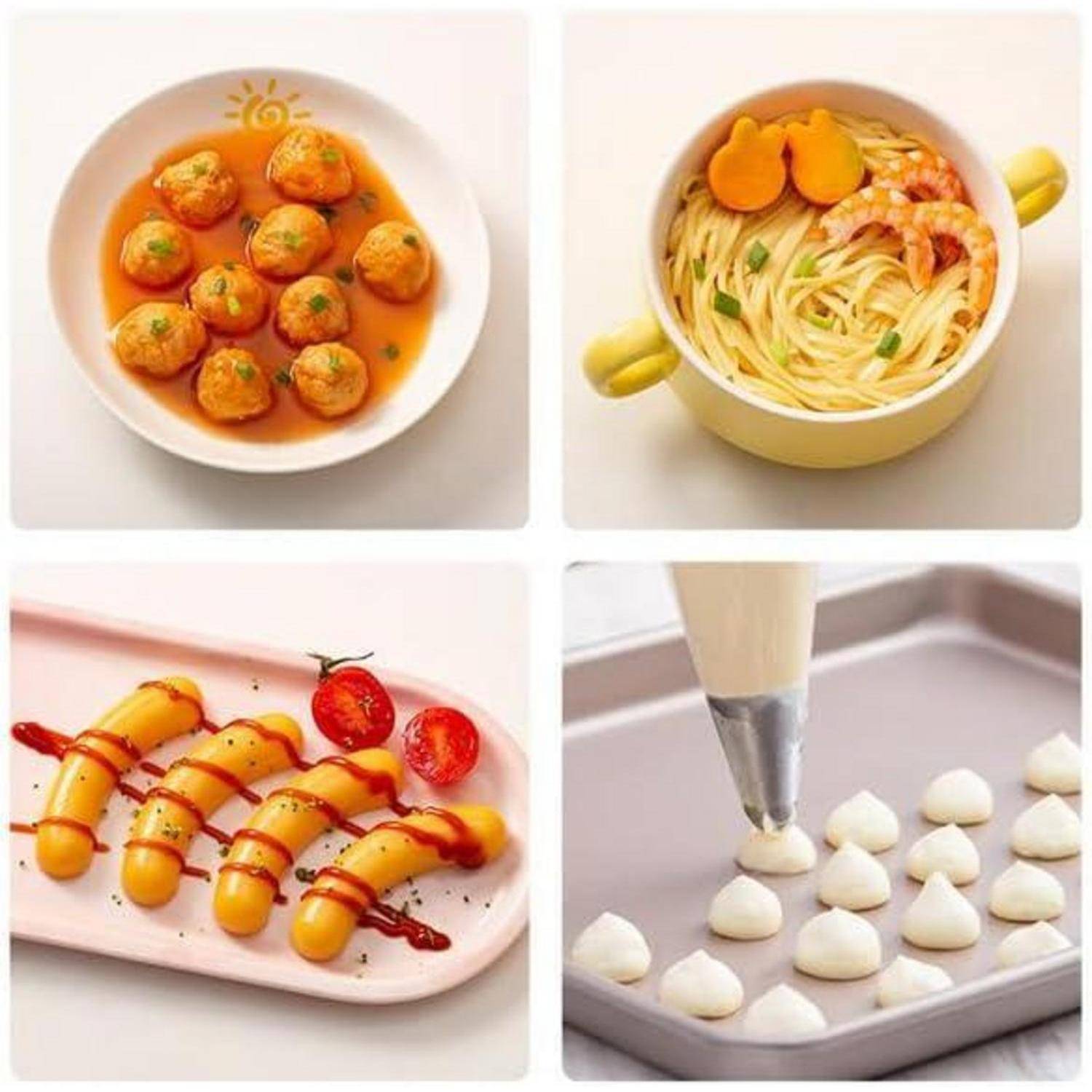 Vier Lebensmittelfotos zeigen dekorierte Gerichte: saucierte Fleischbällchen auf einem Teller, Pasta in einem Topf mit Karottengarnitur, Würstchen mit Saucenträufeln und ein Spritzbeutel, der Häufchen auf ein Tablett setzt.