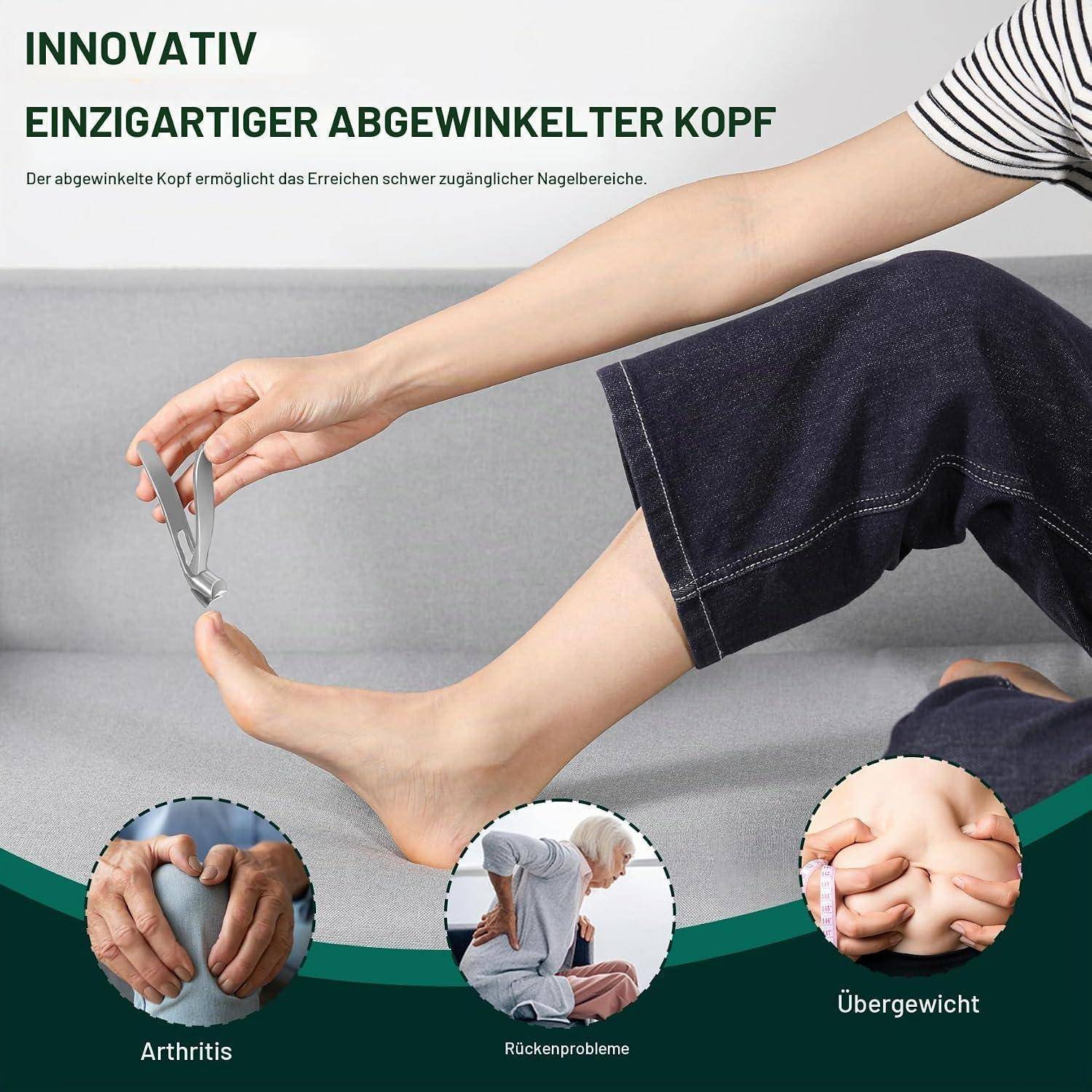 Werbebild einer Nagelschere mit geneigtem Kopf für schwer erreichbare Nägel; zeigt eine Person, die Fußnägel schneidet, und hebt die Verwendung bei Arthritis, Rückenproblemen und Fettleibigkeit hervor.