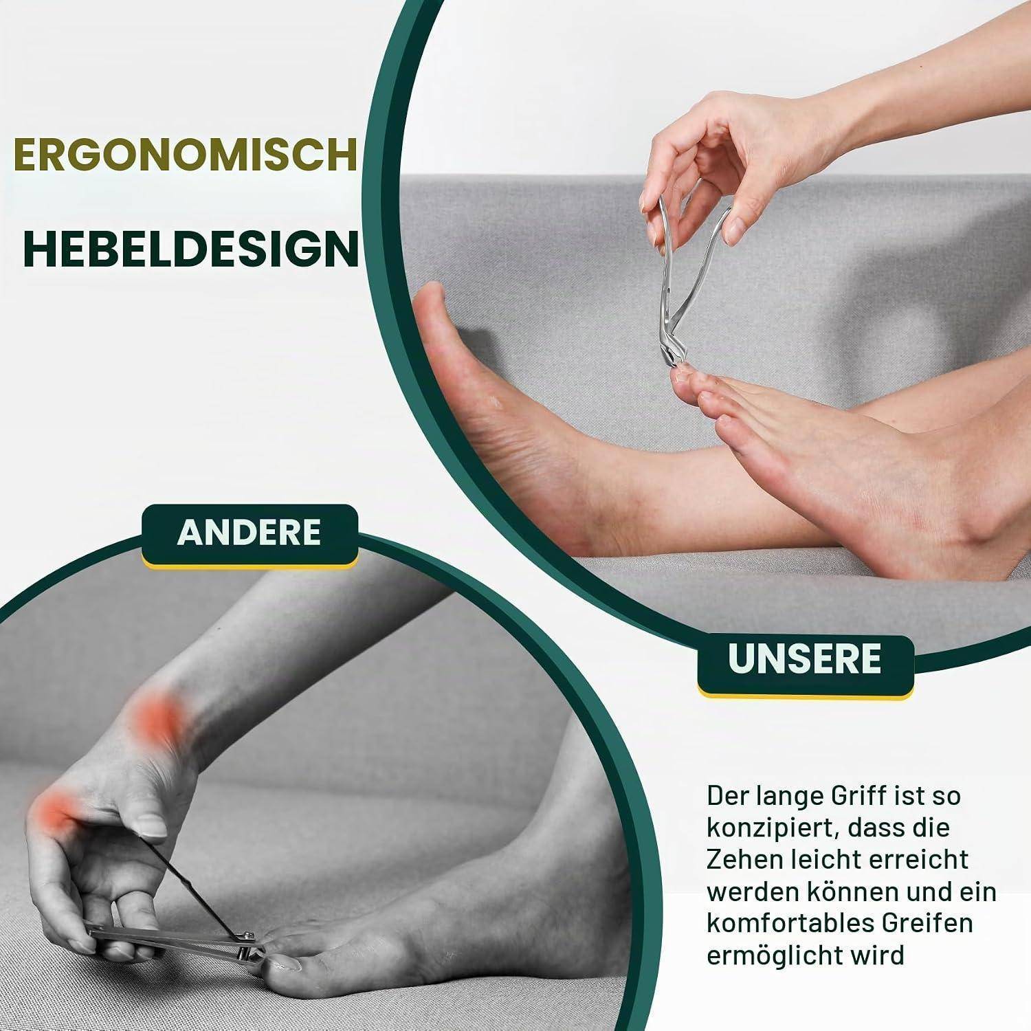 Vergleich des deutschen ergonomischen Pediküre-Designs, das zeigt, dass unsere Langgriff-Nagelzangen die Zehen leicht und bequem erreichen lassen, im Gegensatz zu anderen Nagelzangen.