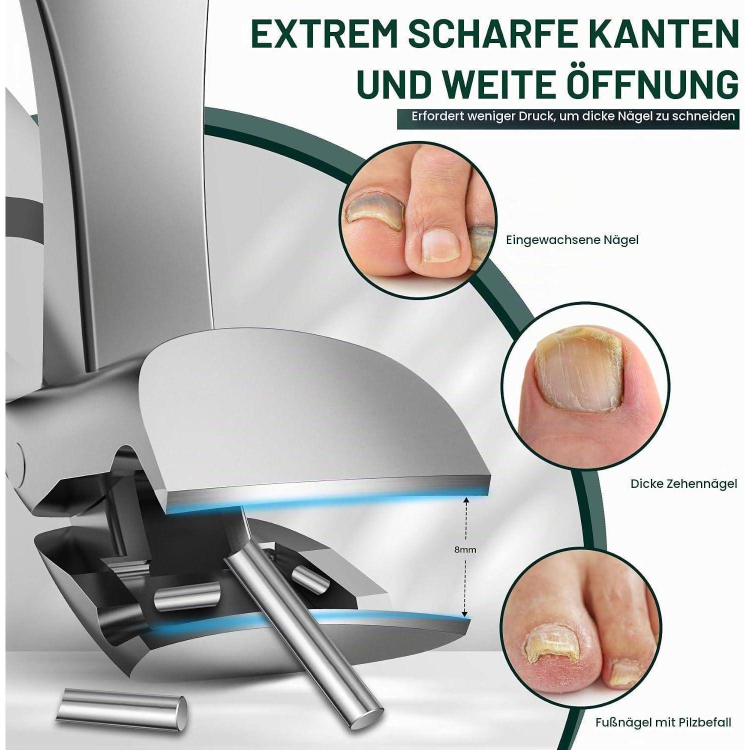 Werbebild einer Nagelschere mit "EXTREM scharfe Kanten und weite Öffnung""; Einsatzfotos zeigen eingewachsene, dicke Fußnägel und Pilznägel an Füßen.