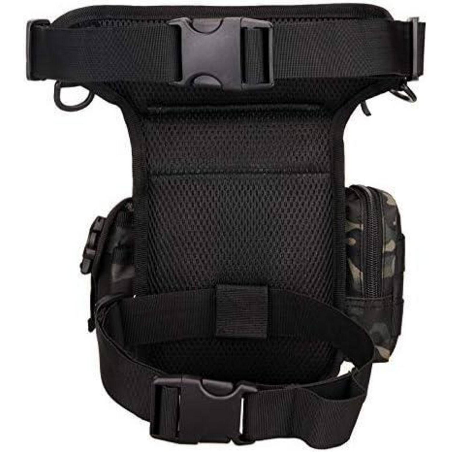 Schwarzes taktisches Oberschenkelholster mit verstellbaren Hüft- und Beinriemen und seitlichen Taschen auf weißem Hintergrund.