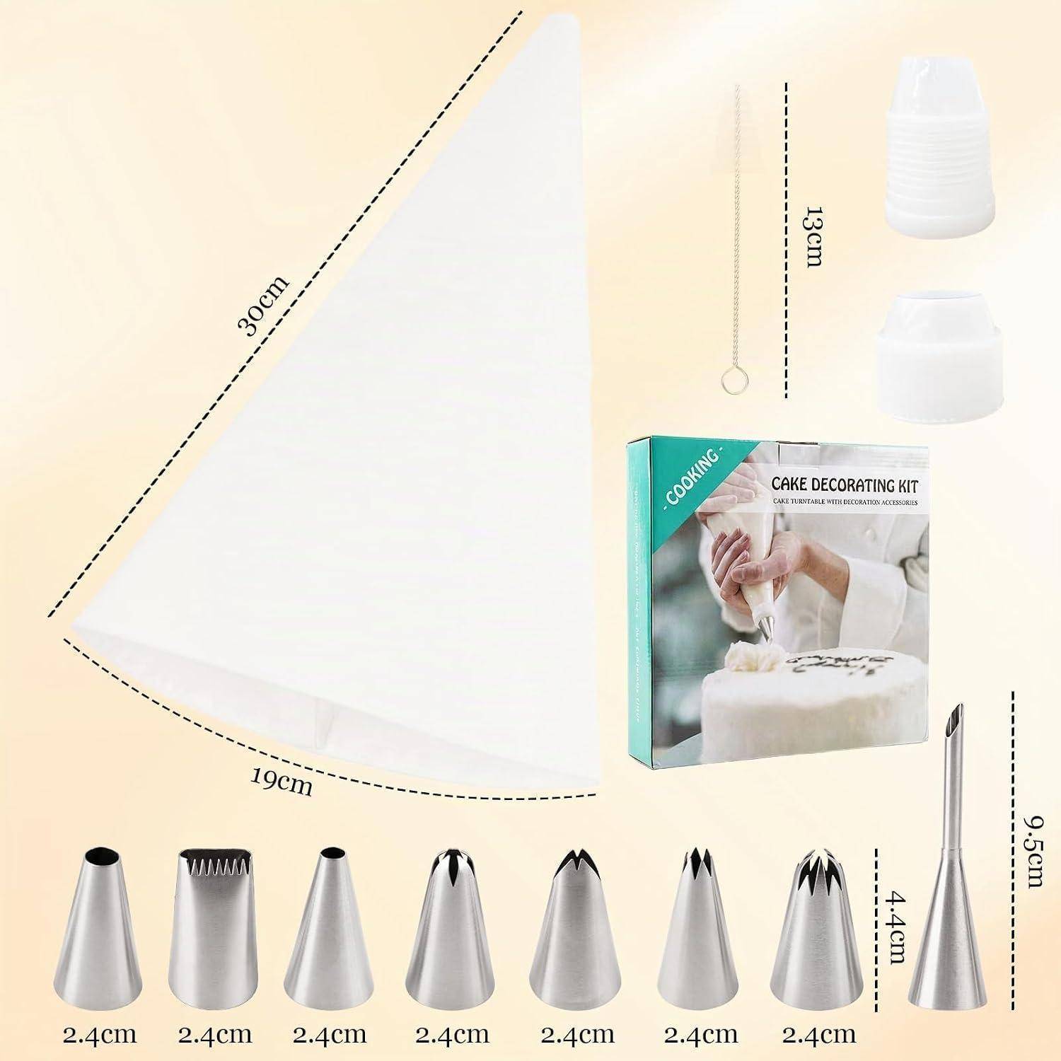 Kuchendekorations-Set mit Spritzbeutel, Kupplungen, zwei Spitzenvorsätzen, sieben Metallspritzdüsen und Produktkarton; Abmessungen wie abgebildet.