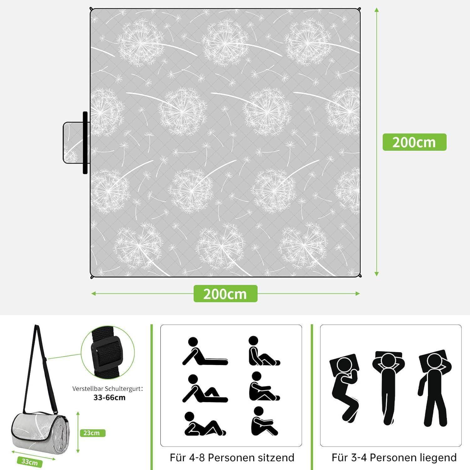 200 cm x 200 cm Zeltbodengrundriss für 4-8 sitzende oder 3-4 liegende Personen, mit verstellbarem Schultergurt-Rucksack und unten gezeigten Trageabbildungen.
