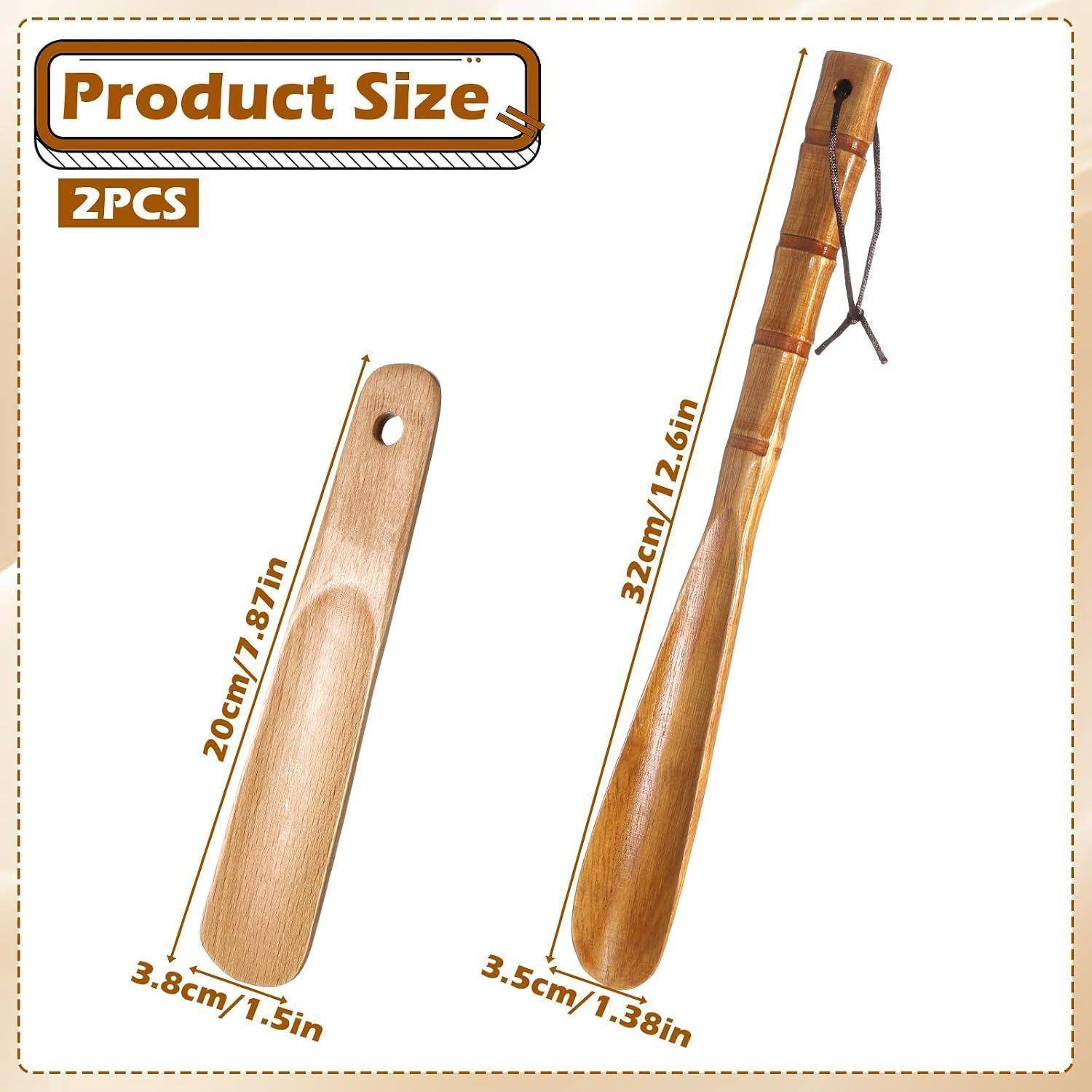 Größentabelle für Produkte aus 2 Teilen: Ein 20 cm Holzwerkzeuggriff und ein 32 cm Holzstab mit angezeigten Breitenmessungen.