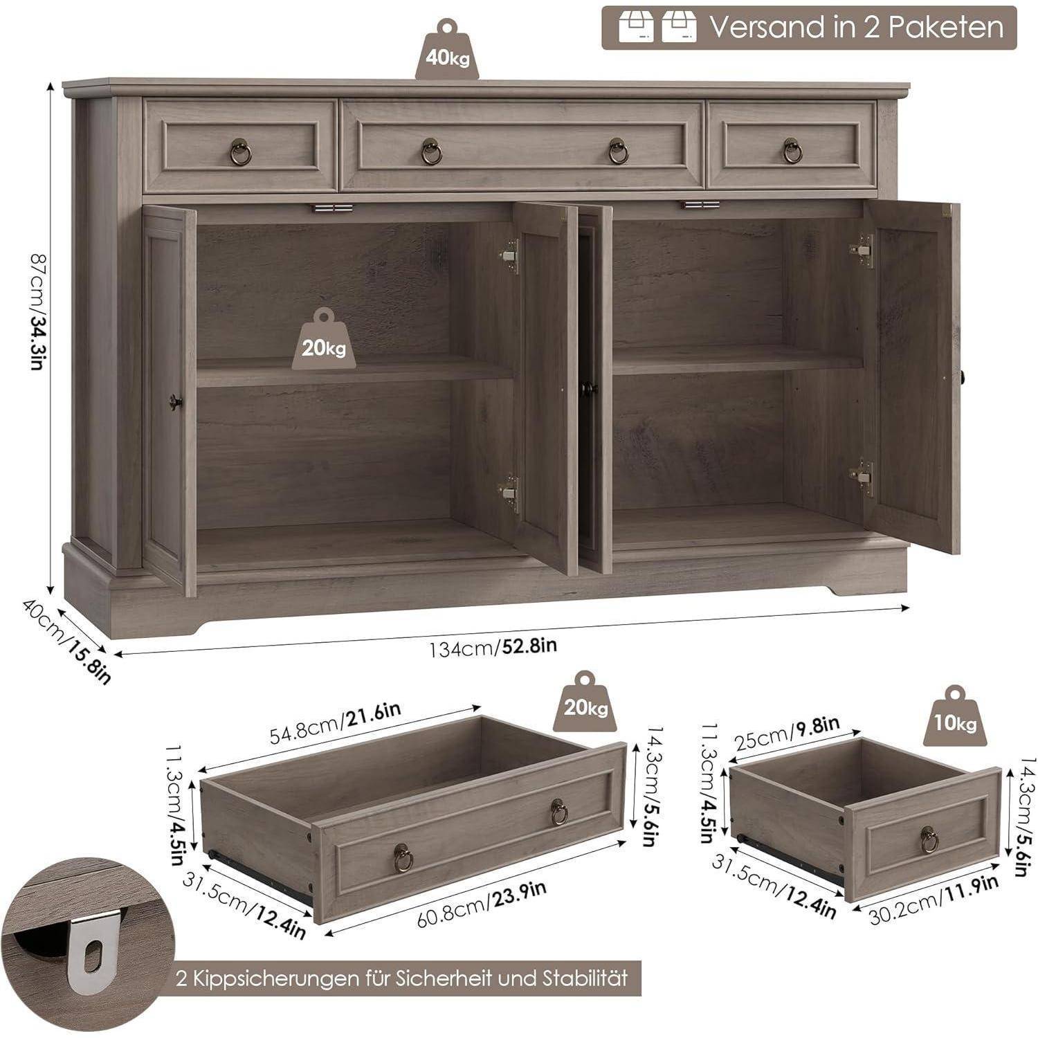 Graues Holz-Sideboard mit drei Schubladen und vier Schranktüren, gezeigt mit Abmessungen und Gewichtsgrenzen; enthalten sind zwei separate Schubladeneinheiten und Text 