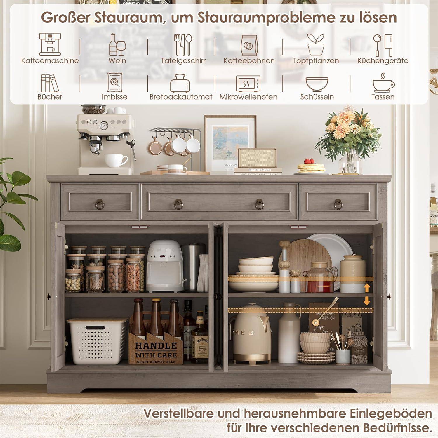 Deutscher Lagerschrank für Kaffee- und Küchenartikel organisiert, mit beschrifteten Kategorien oben und verstellbaren, abnehmbaren Regalen unten notiert.