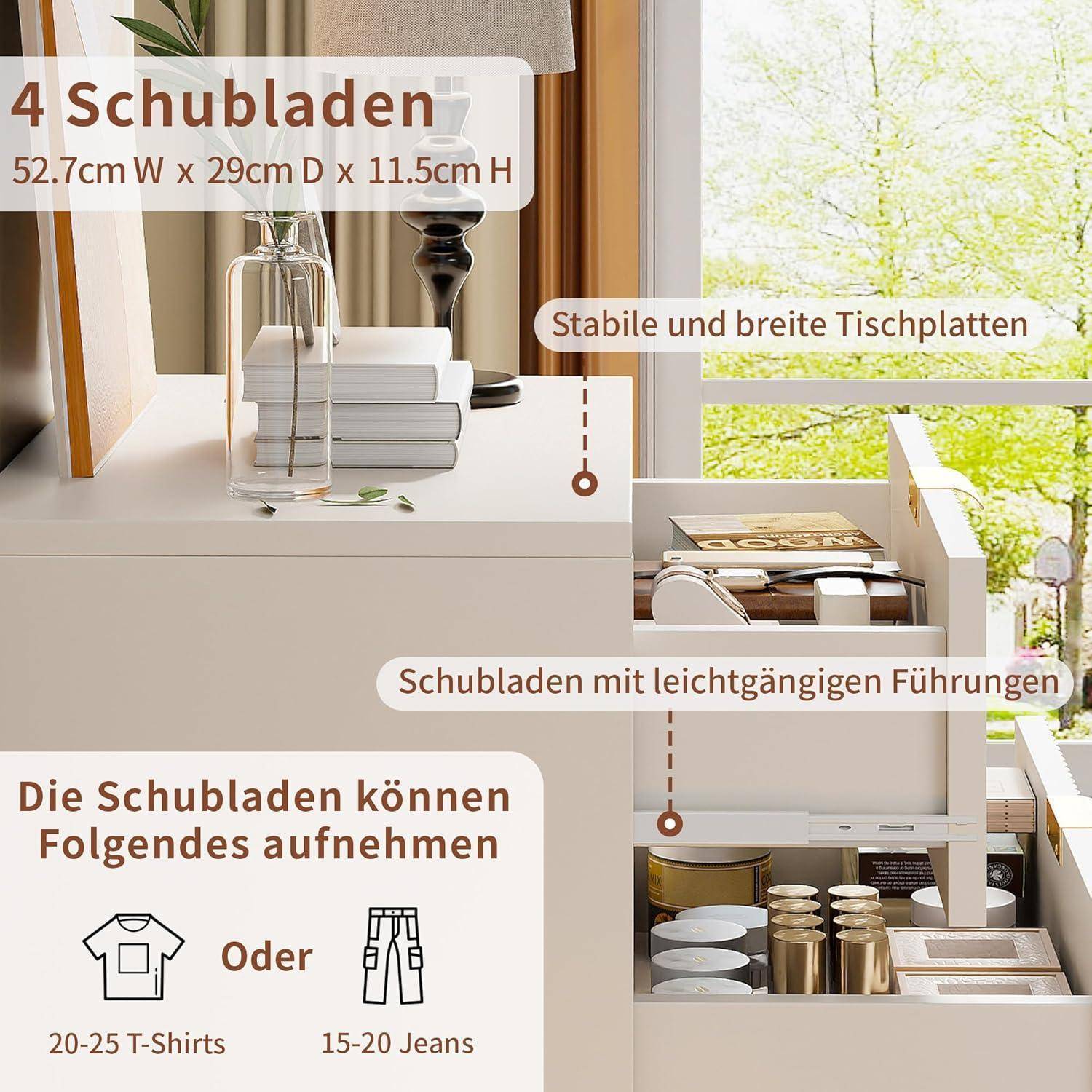 Werbebild einer Kommode mit 4 Schubladen, das die Abmessungen 52,7 cm B x 29 cm T x 11,5 cm H zeigt und Merkmale wie eine robuste Tischplatte und sanft gleitende Schubladen aufweist.