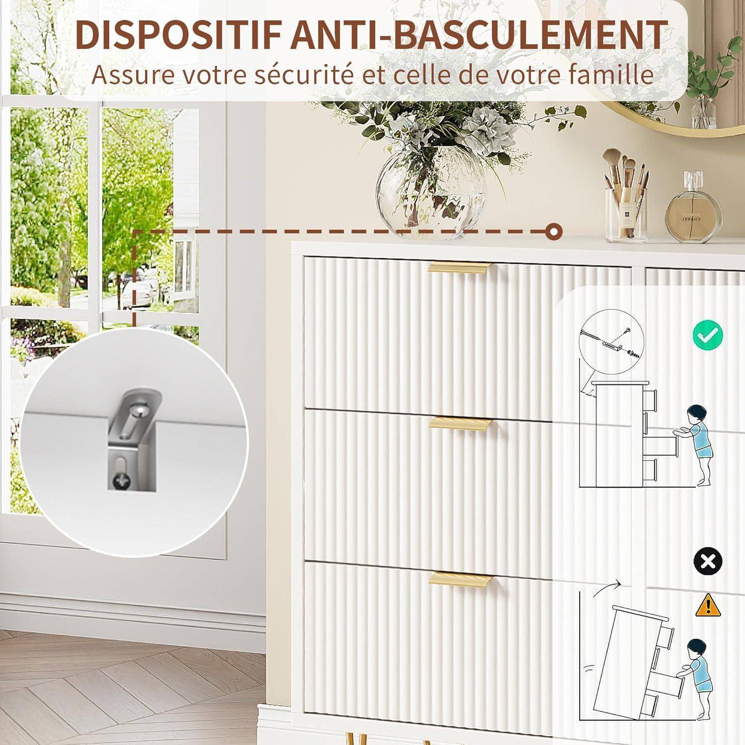 Kippsicherungsvorrichtung für einen Schrank, die eine Wandverankerung und Diagramme zur korrekten sicheren Installation im Vergleich zum unsicheren Kipprisiko zeigt.