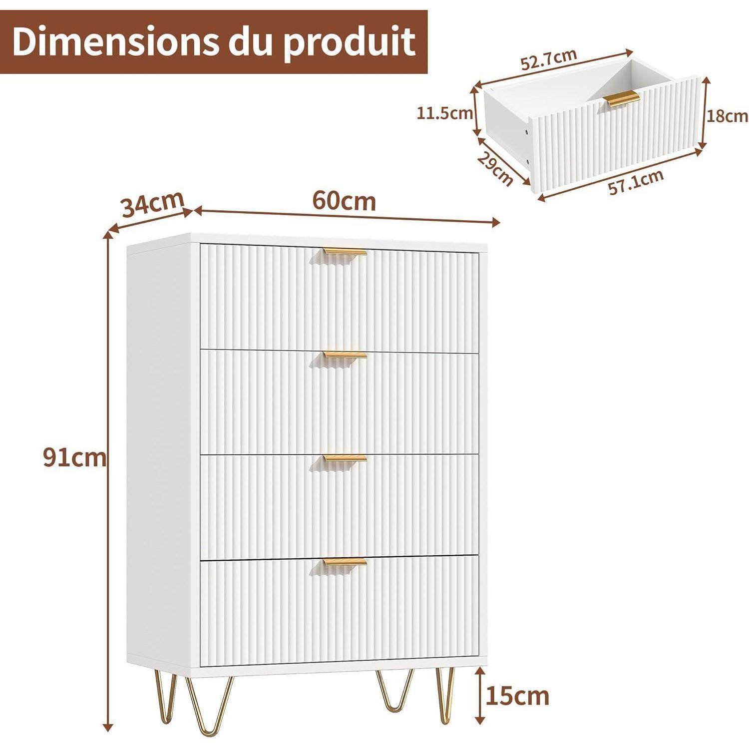 Produktabmessungsdiagramm für einen weißen vierschubigen Schrank: 60 cm breit, 34 cm tief, 91 cm hoch, mit 15 cm Bodenfreiheit; Schubbemaßungen in der Vergrößerung dargestellt.