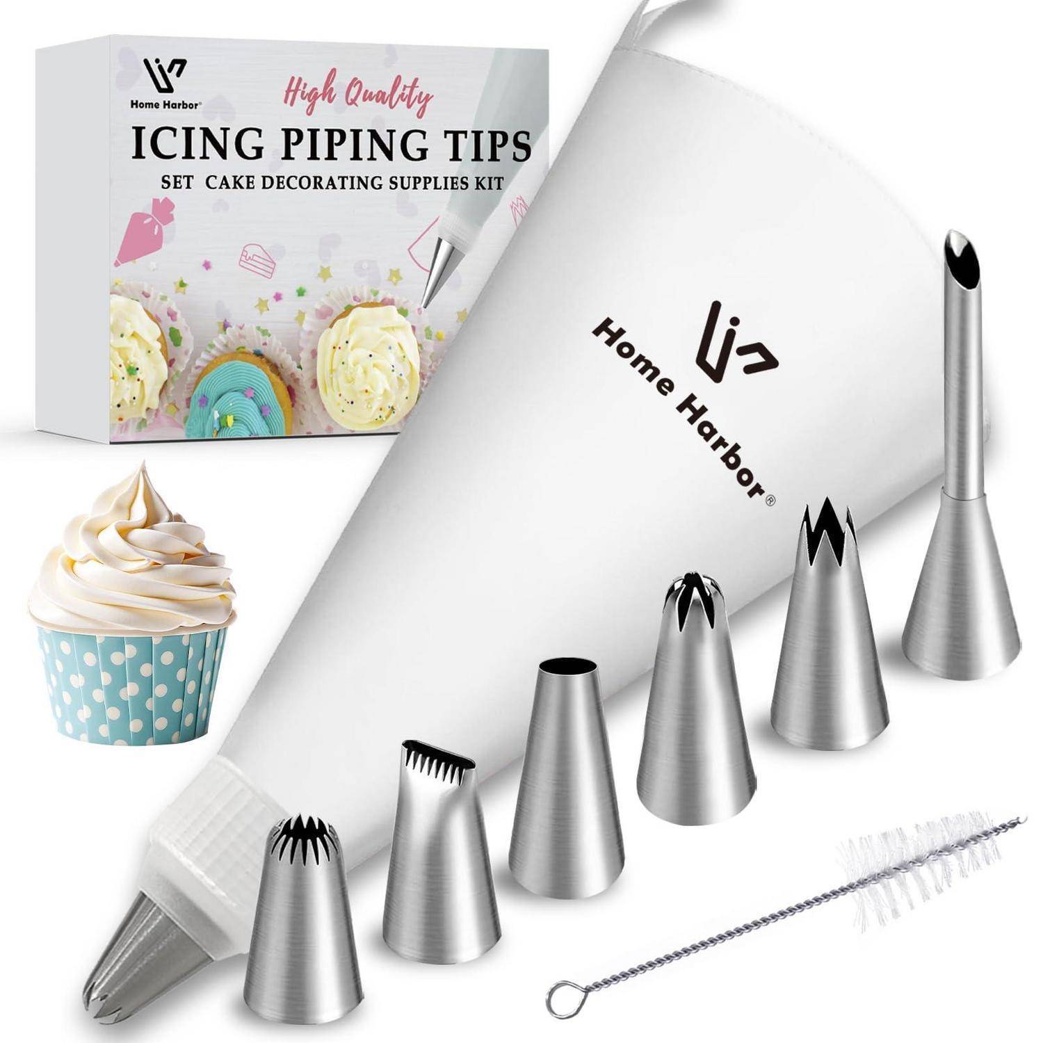 Kuchendekorations-Spritztüten-Set mit assortierter Edelstahl-Spritztüllen, Reinigungsbürste und Aufbewahrungstasche; inklusive Cupcake-Beispiel und Produktbox.