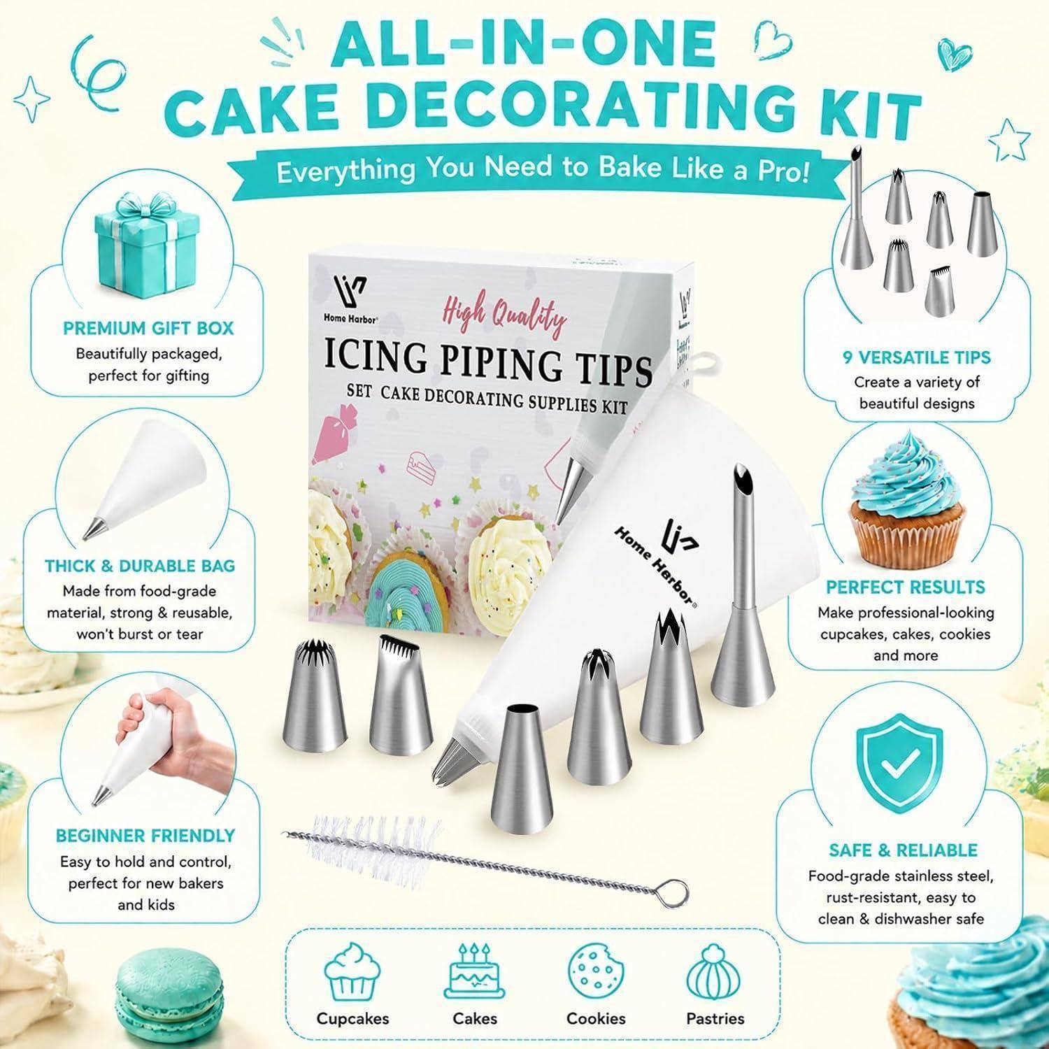 Anzeige für ein All-in-One-Kuchendekorationsset mit Spritzbeuteln, Spritztüllen und einer Reinigungsbürste, mit Angaben zu einer Premium-Geschenkbox, anfängerfreundlicher Anwendung und sicheren Edelstahltüllen.