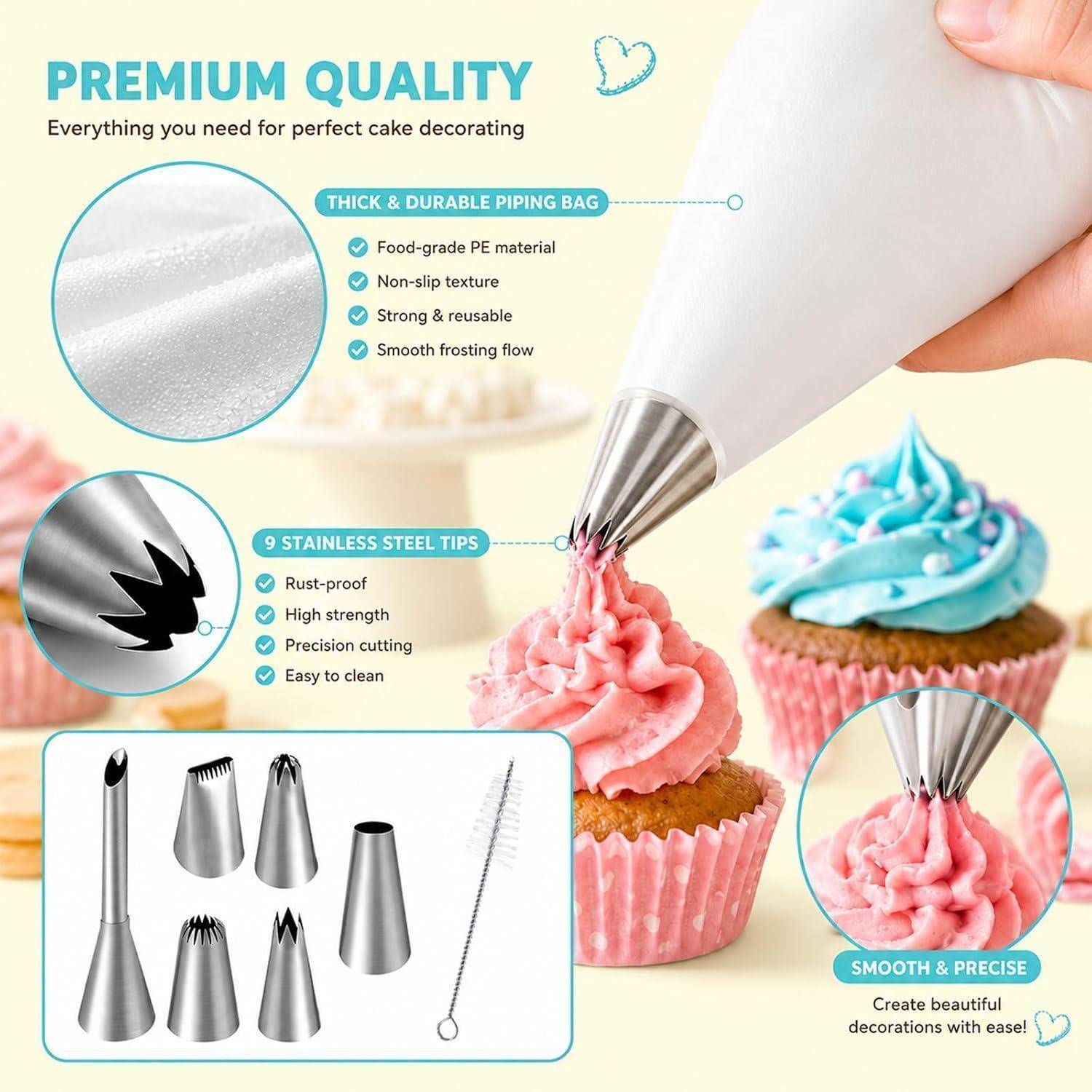 Werbegrafikfür Spritzbeutel zur Kuchendekoration, die eine Hand zeigt, die rosafarbenes Frosting mit einem Spritzbeutel auf einem Cupcake aufträgt, mit Edelstahl-Spritztüllen und Beschriftungen: „Premium-Qualität