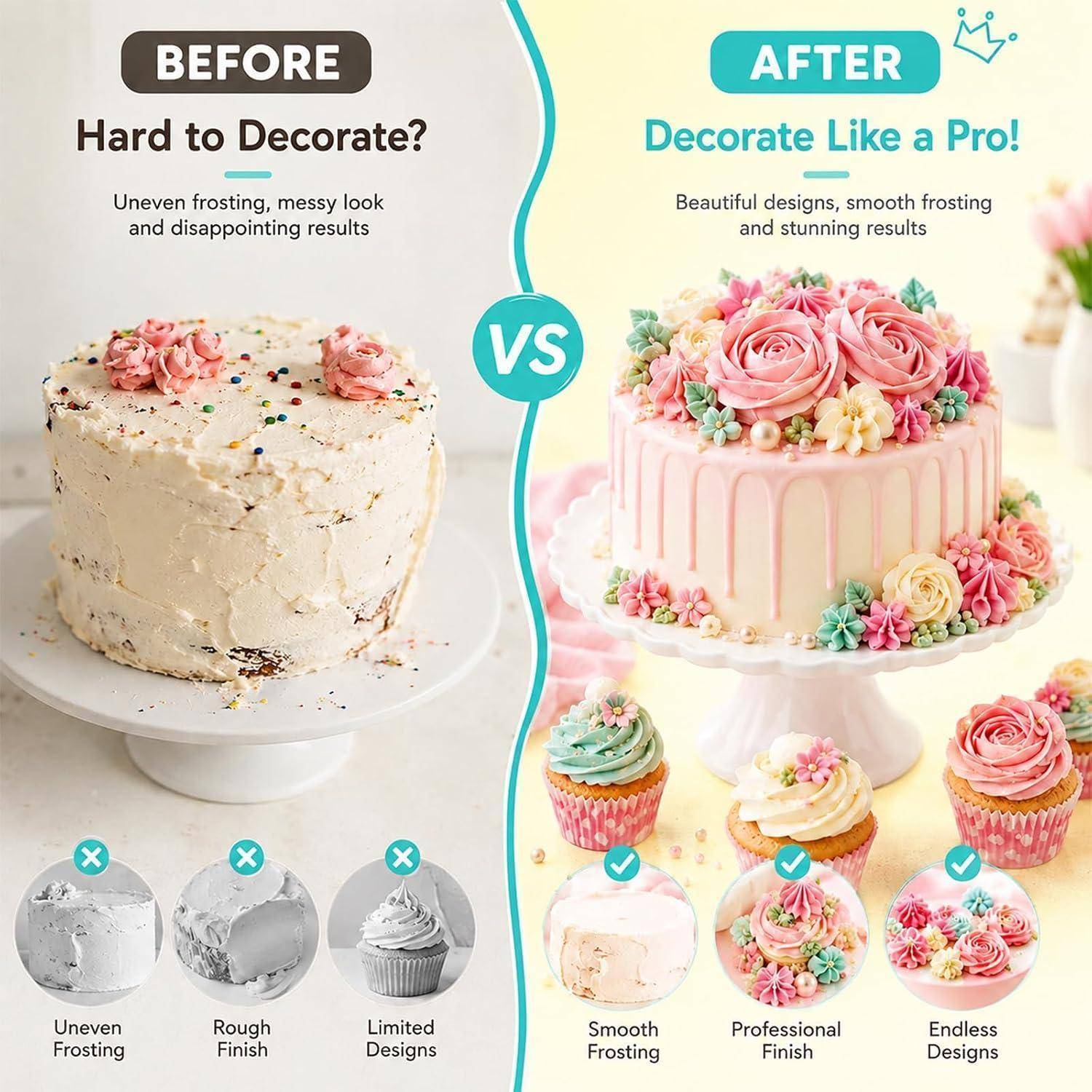 Vorher-und-Nachher-Vergleich der Kuchendekoration: Links ist ein ungleichmäßig gefrosteter Kuchen mit der Aufschrift 